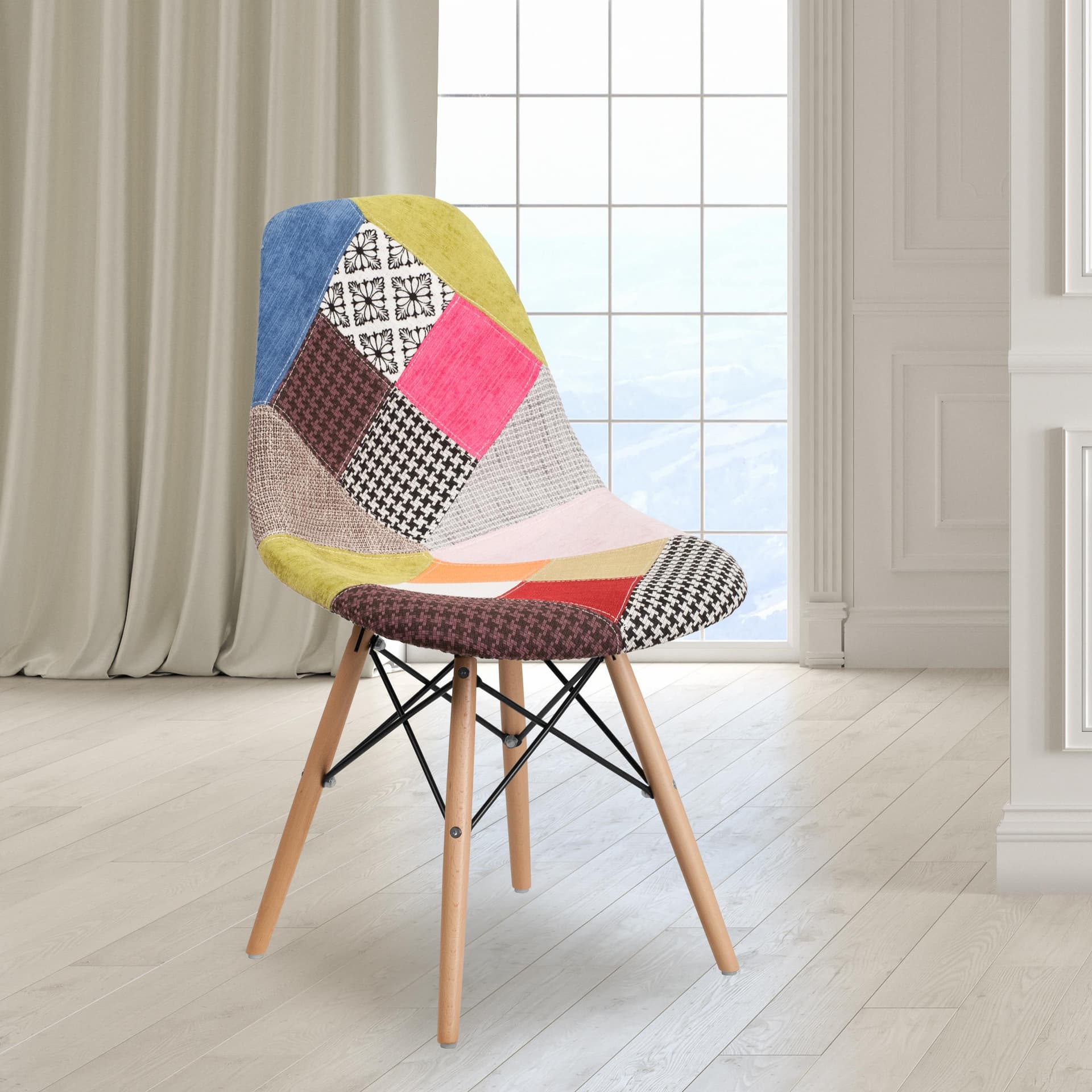 Multi-Color Patchwork Fabric Accent Side Chair with Wooden Legs