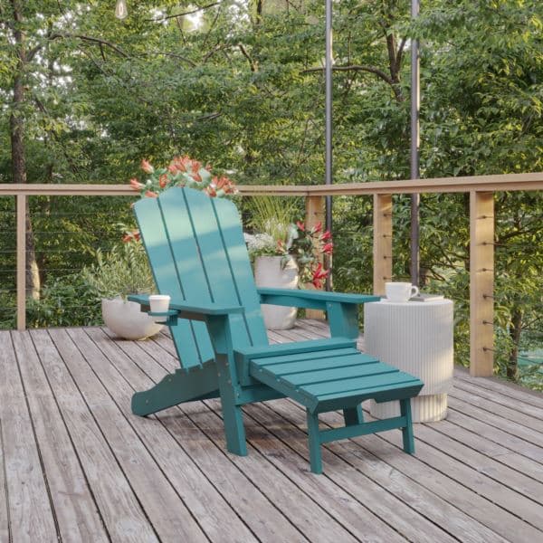 Commercial All-Weather Adirondack Chair with Pullout Ottoman & Cupholder - Red