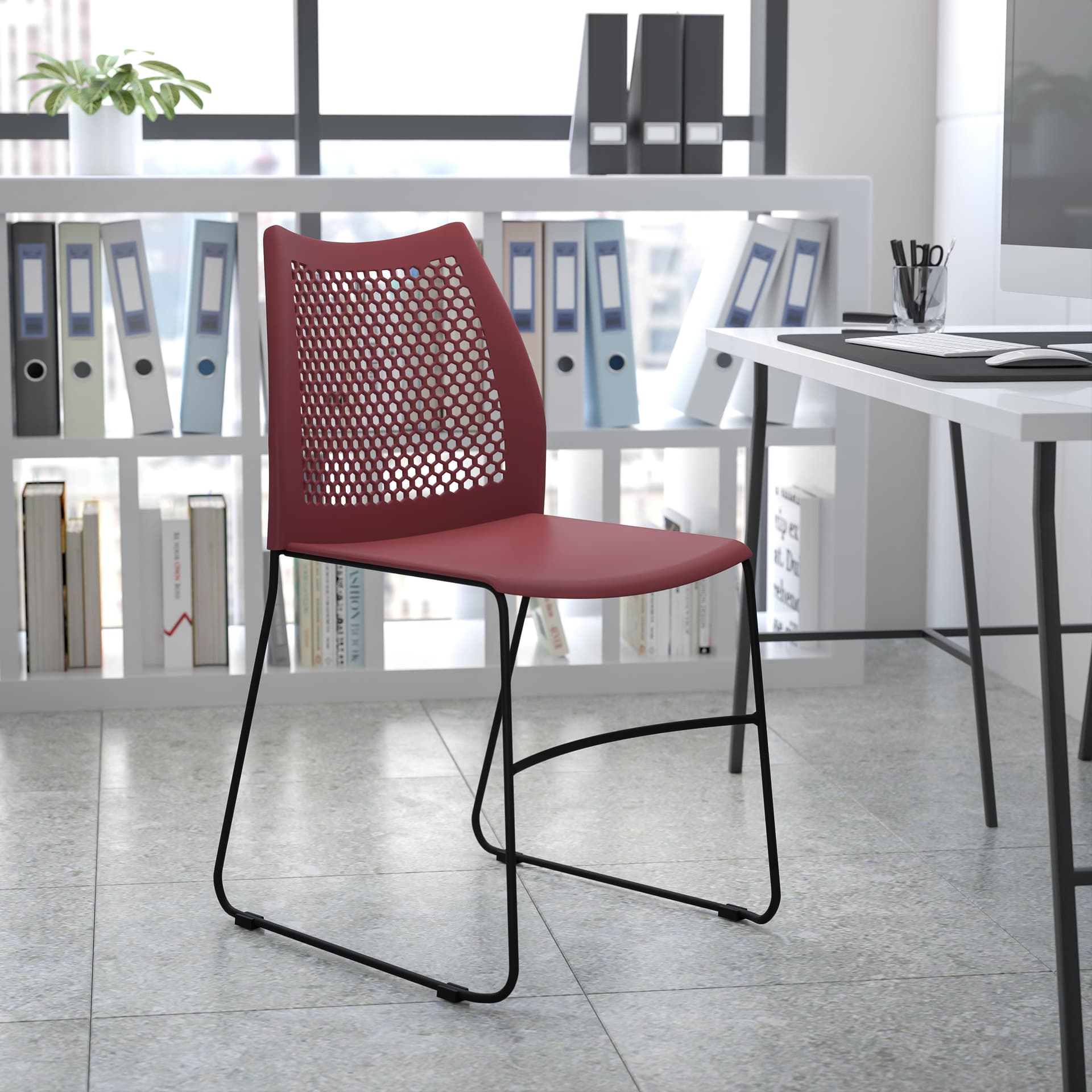 Home and Office Burgundy Sled Base Stack Chair with Air-Vent Back