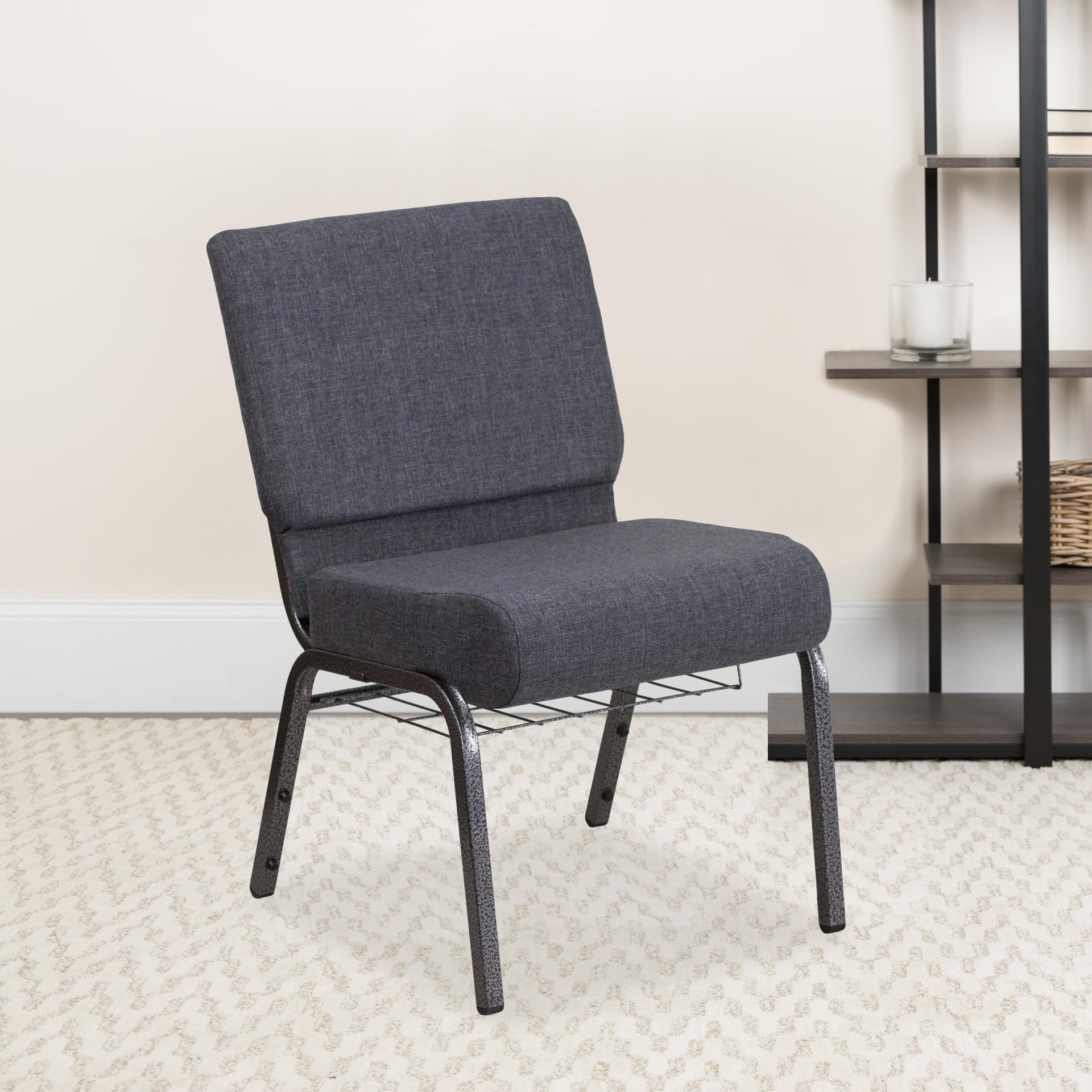 21"W Church Chair in Dark Gray Fabric with Book Rack - Silver Vein Frame