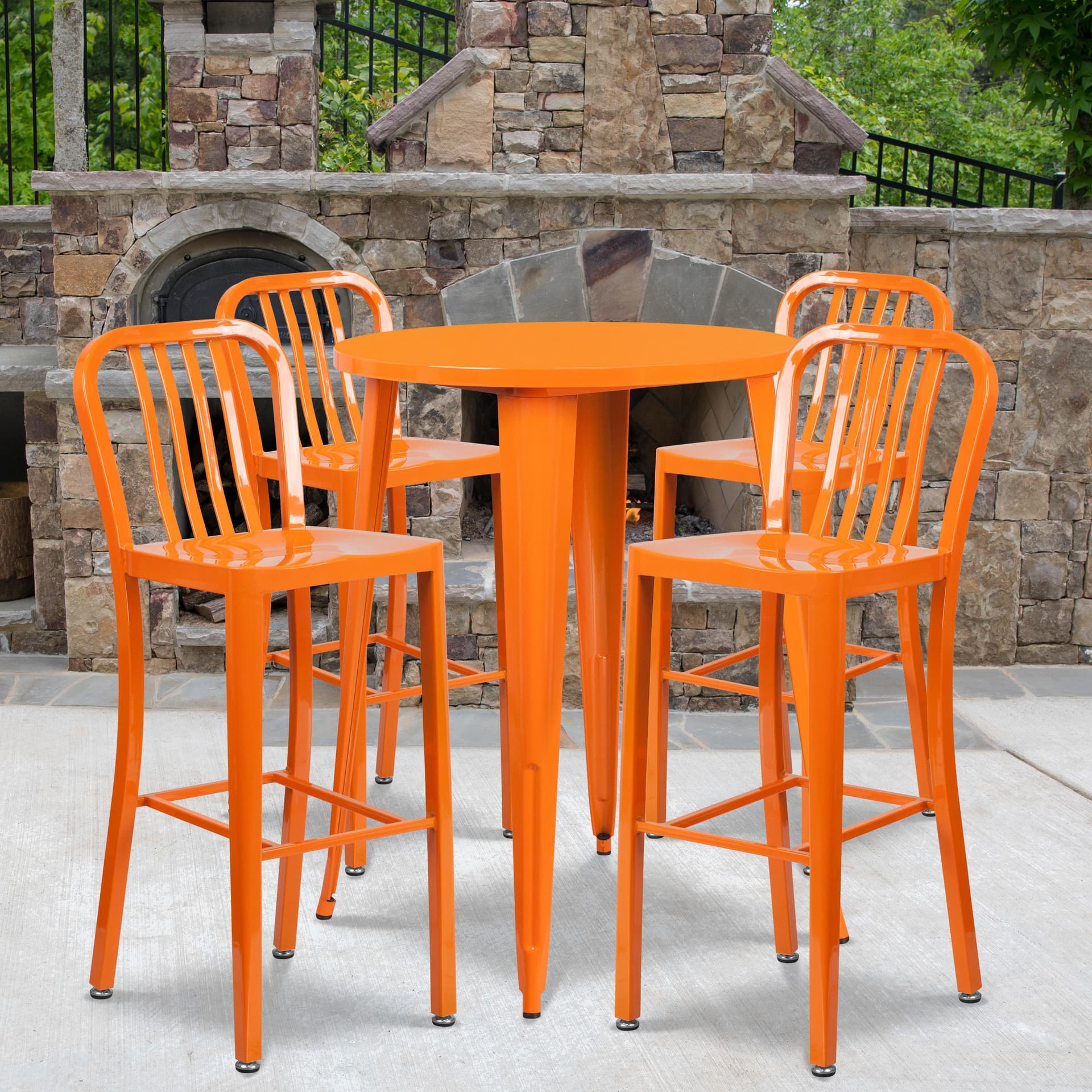 30" Round Orange Metal Indoor-Outdoor Bar Table Set with 4 Slat Back Stools