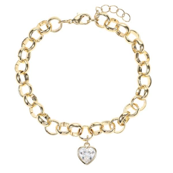 Bold Rolo Chain Bracelet with Heart Shape Cubic Zirconia - Goldtone