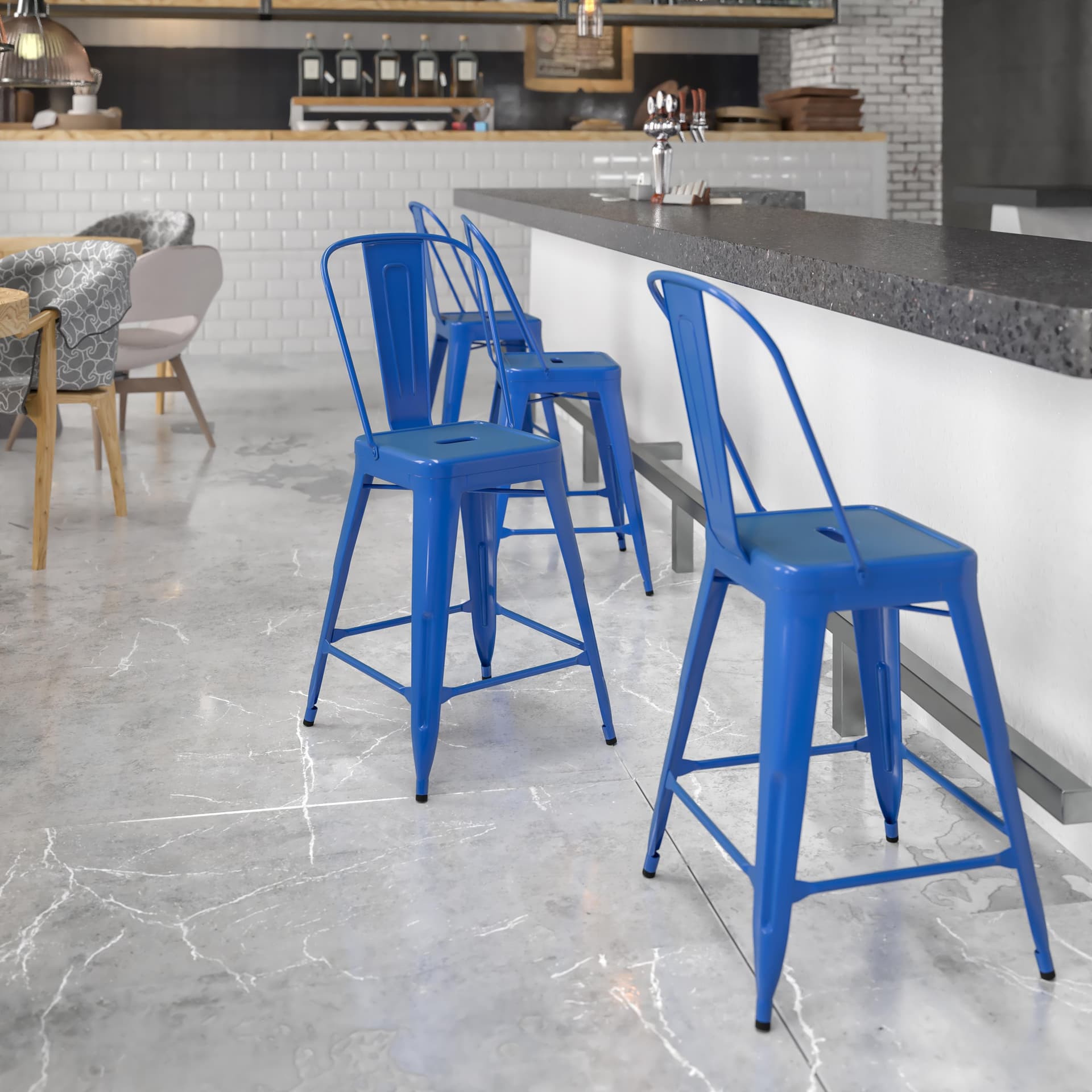 24" High Blue Metal Indoor-Outdoor Counter Height Stool with Back