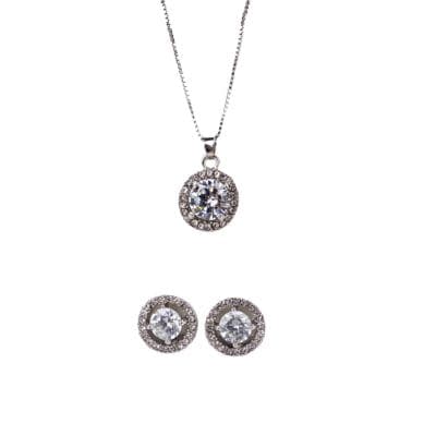 White Gold Tone Halo CZ Necklace and Earrings Set
