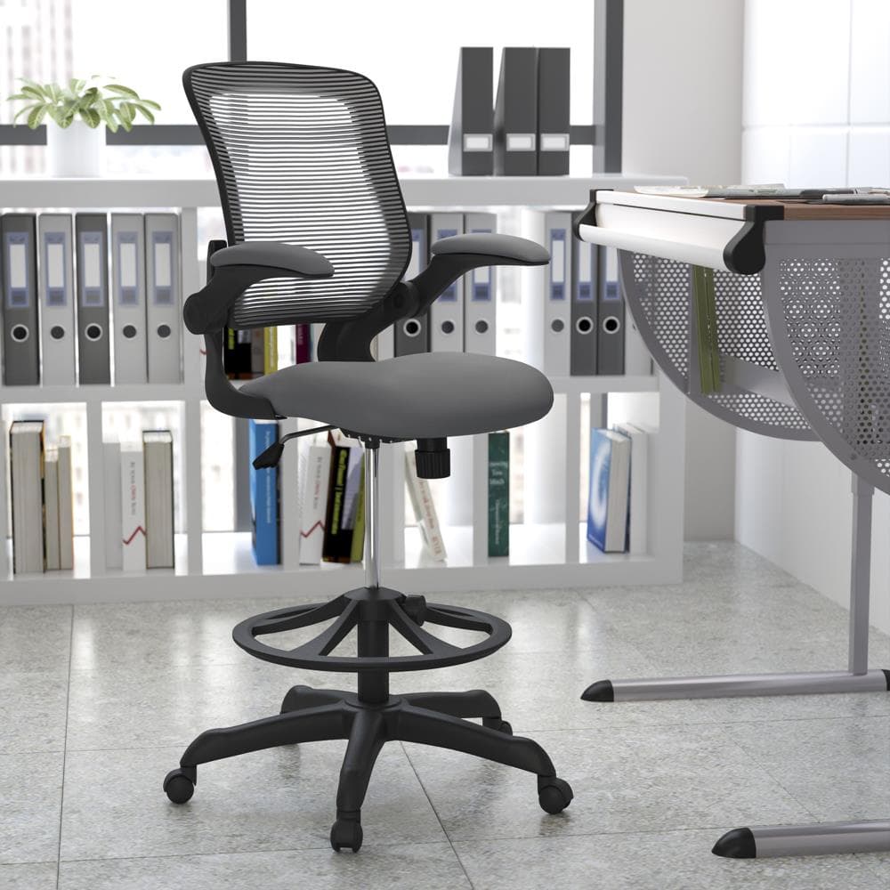 Mid-Back Dark Gray Mesh Ergonomic Drafting Chair with Foot Ring and Flip-Up Arms