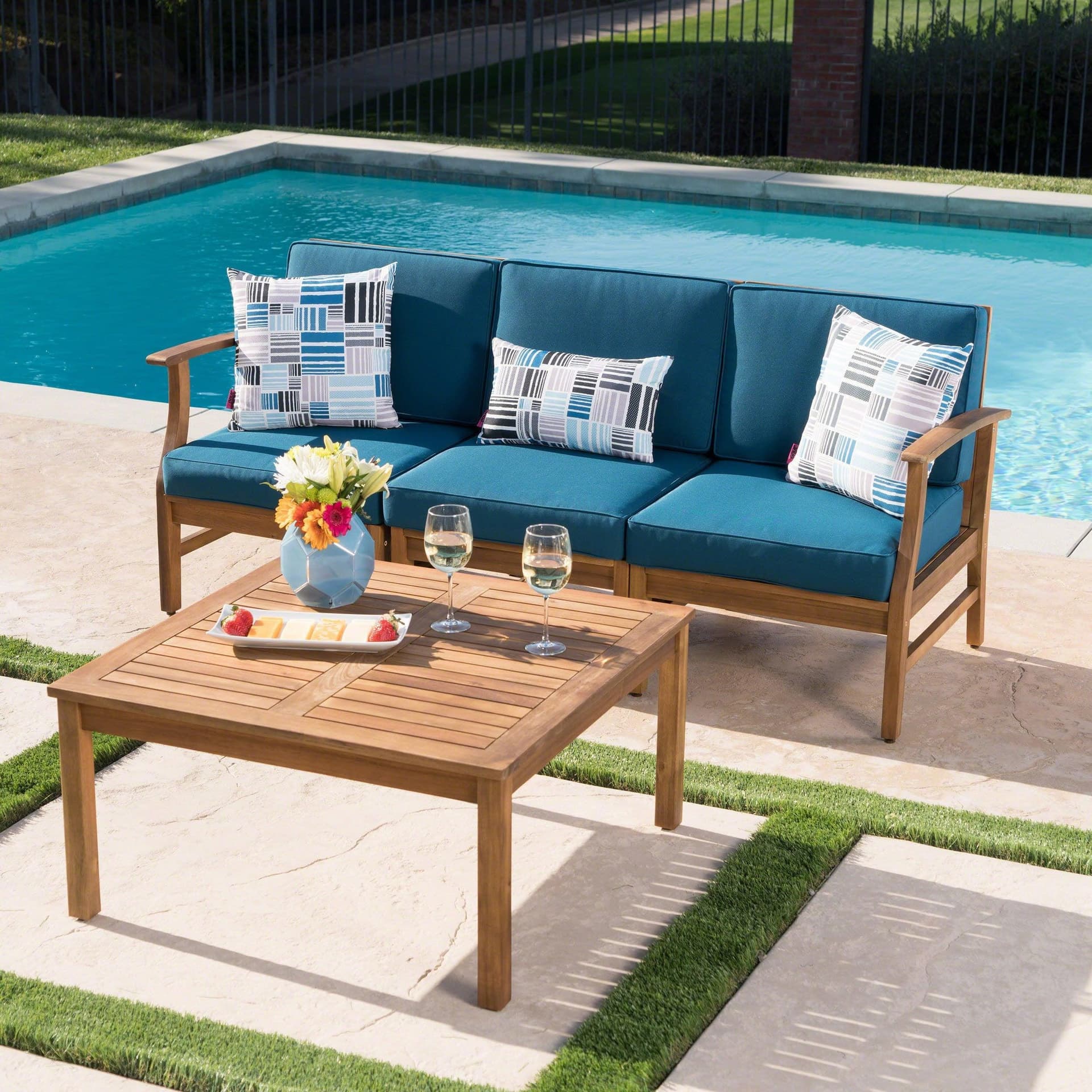 Perla Outdoor 3-Seater Acacia Wood Sofa Chat Set