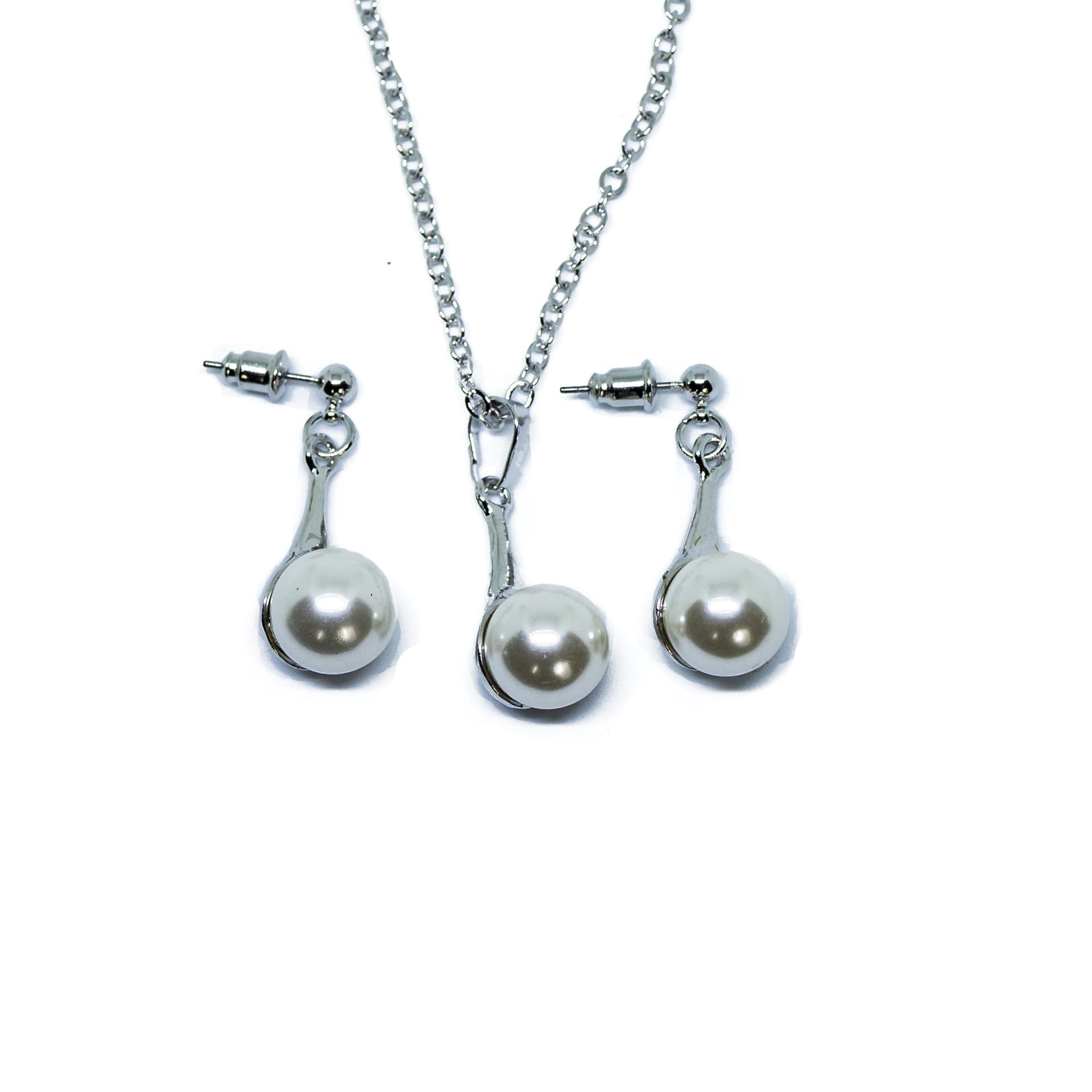 Silver Tone and Pearl Teardrop Necklace and Earring Set