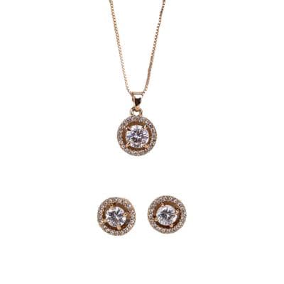 Rose Gold Tone Halo CZ Necklace and Earrings Set