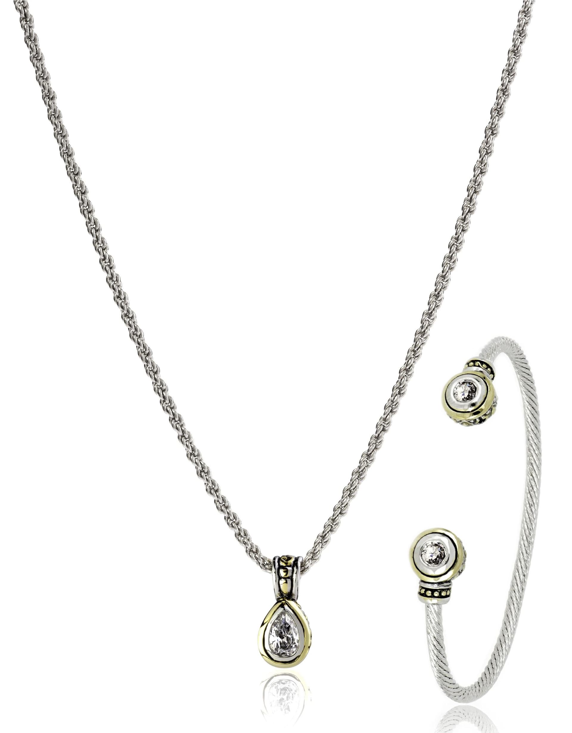 Beijos 9X6mm Pear Shape Bezel Set Pendant & Small Cuff Bracelet, Clear CZ. N5020-AF05 & B5029-AF00
