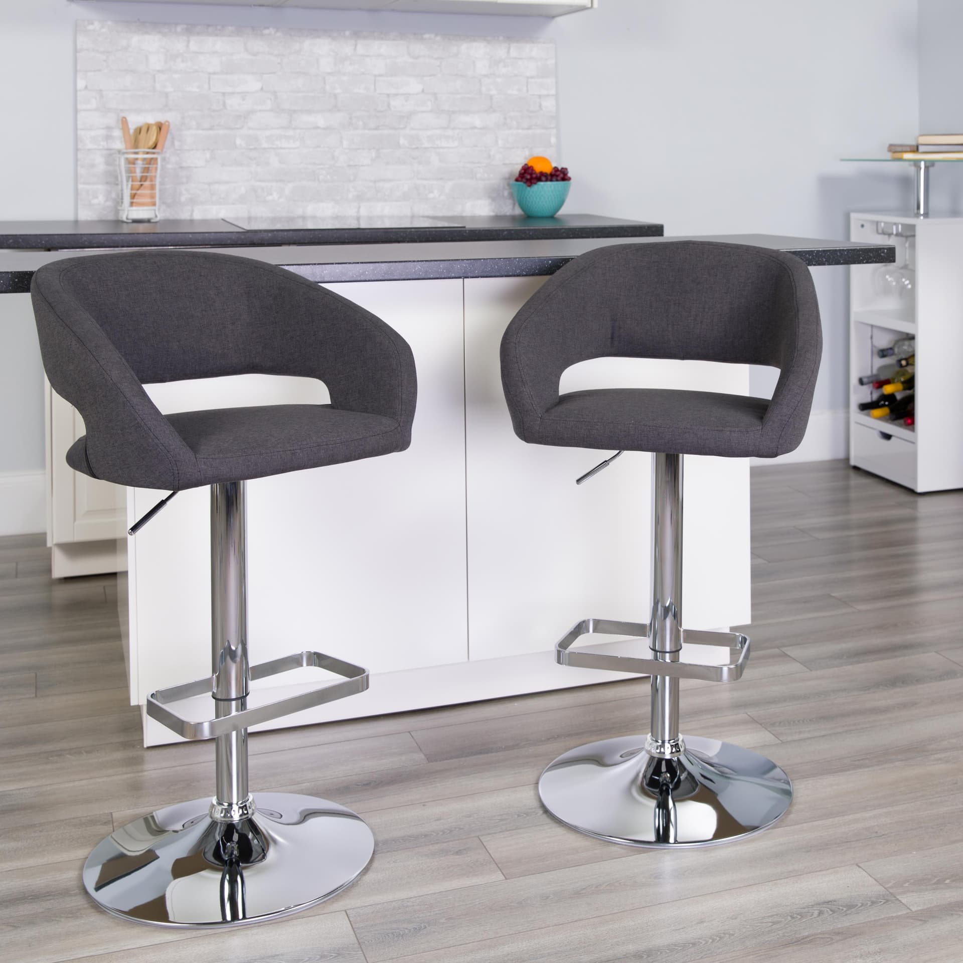 Charcoal Fabric Adjustable Height Barstool with Rounded Mid-Back and Chrome Base