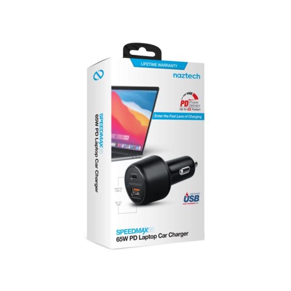 SpeedMax65 65W USB-C PD + USB LAPTOP Car Charger, Quick Charge 3.0