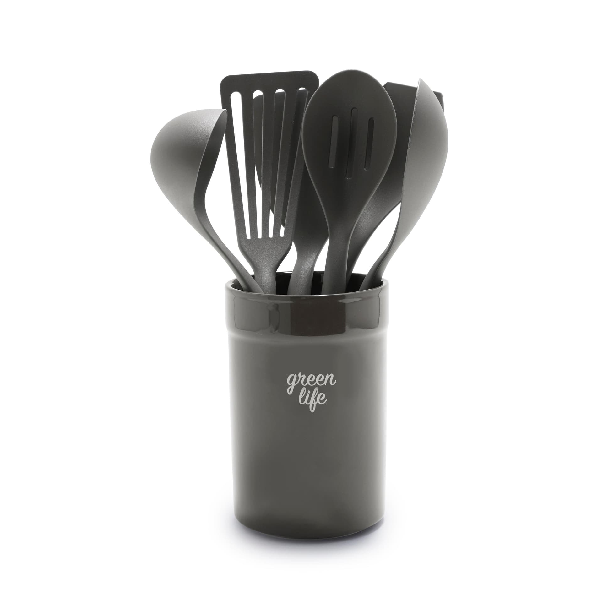 7pc Nylon Cooking Utensils w/ Ceramic Crock Charcoal Gray