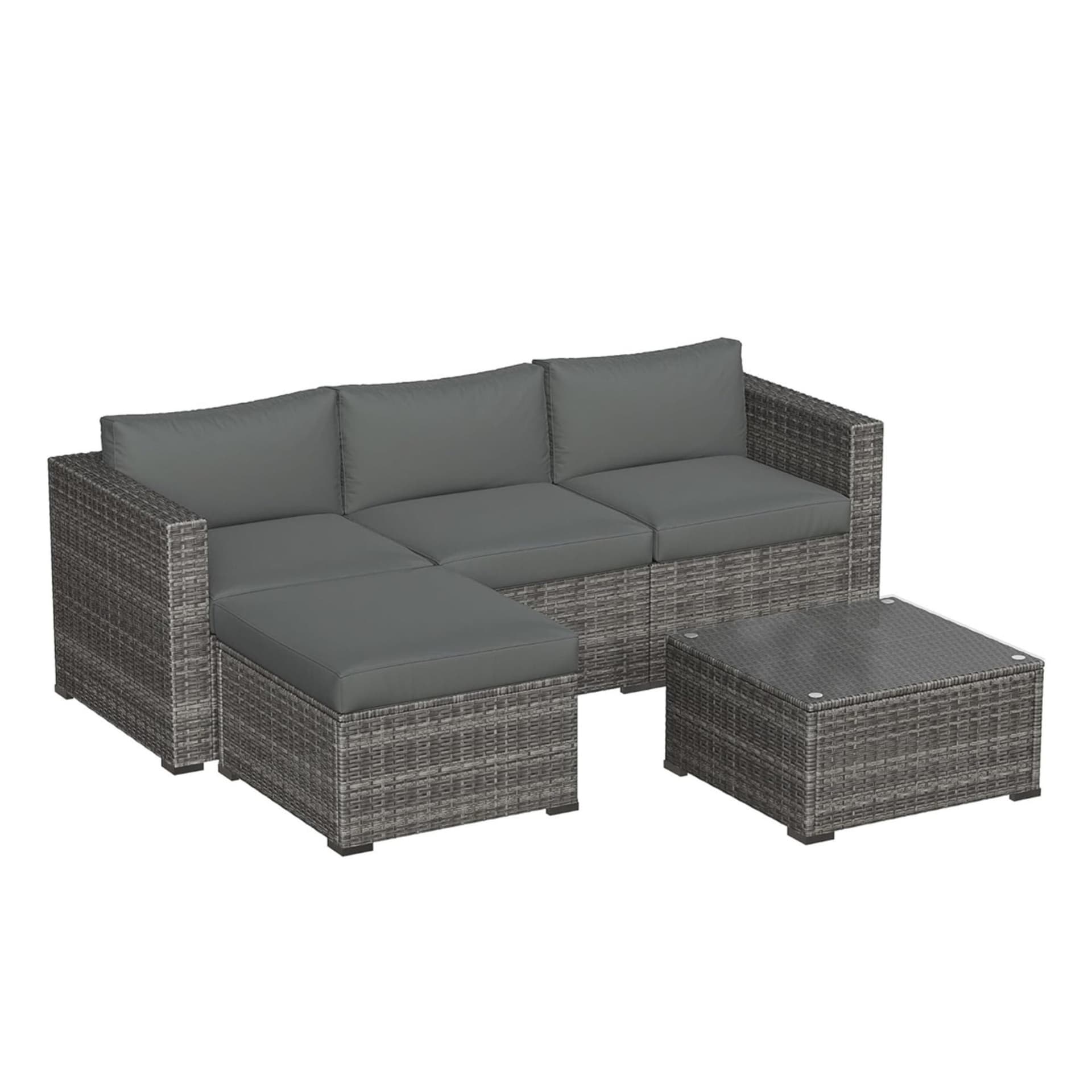 5-Piece All-Weather Wicker Patio Conversation Set w/Gray Cushions & Glass Table