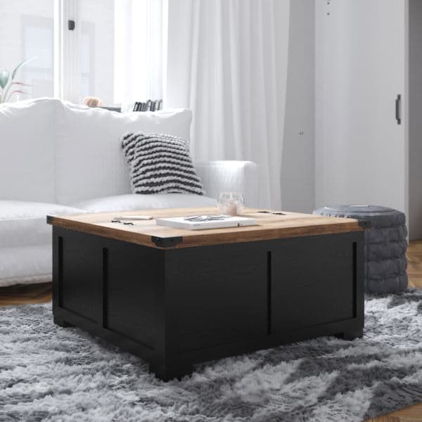 Farmhouse Coffee Table with Hinged Lift Top and Storage in White/Rustic Oak
