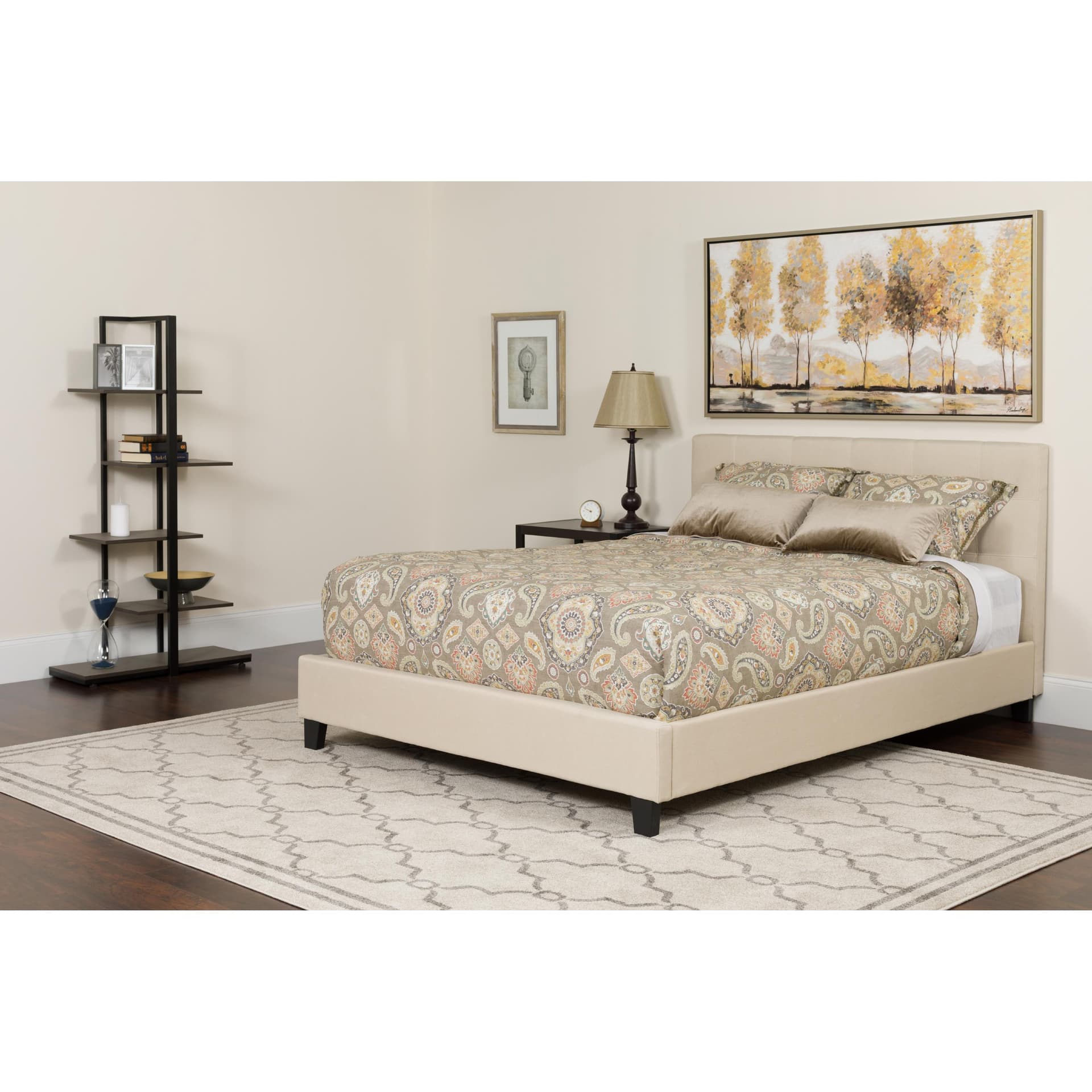 Full Size Three Button Tufted Upholstered Platform Bed in Beige Fabric