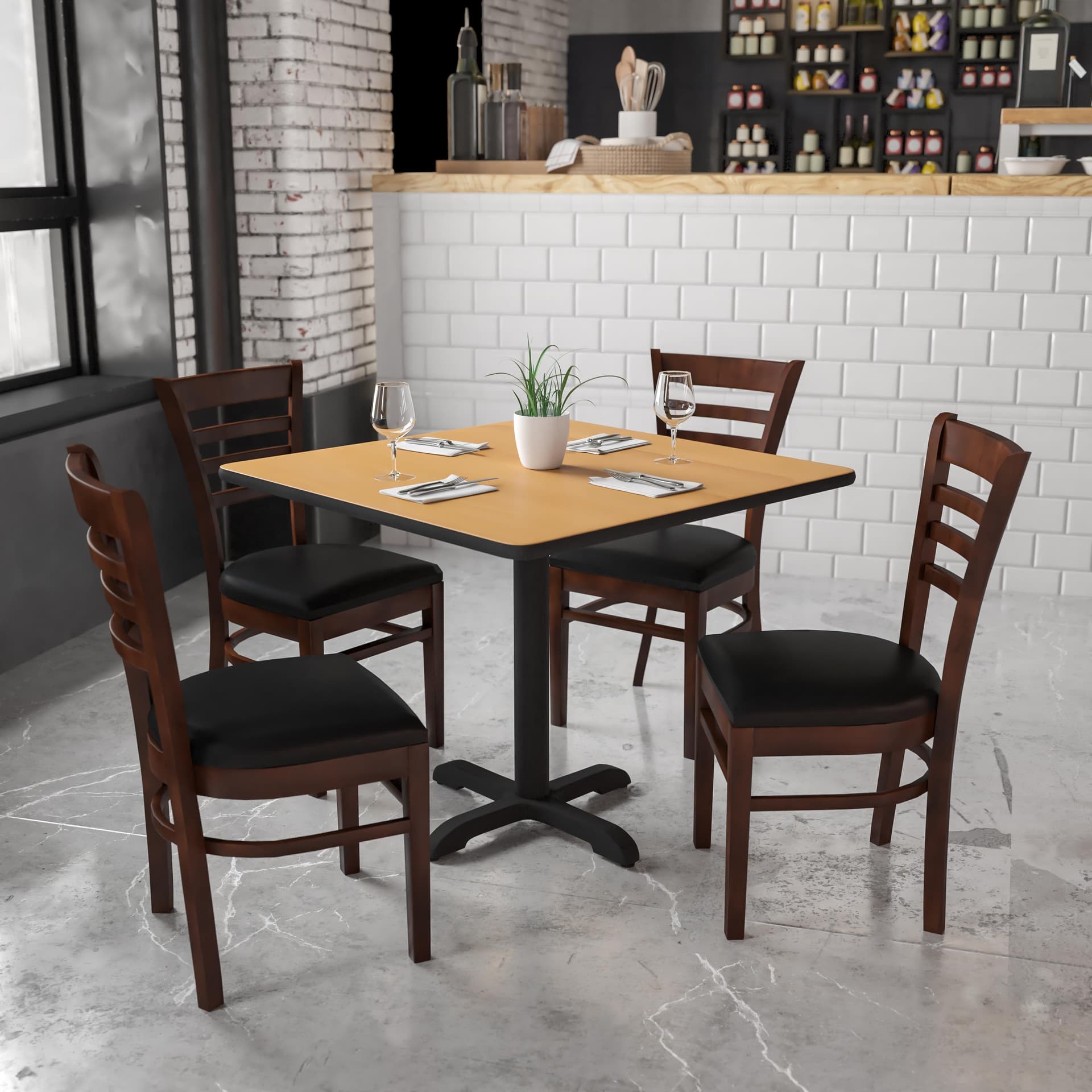 Ladder Back Walnut Wood Restaurant Chair - Black Vinyl Seat