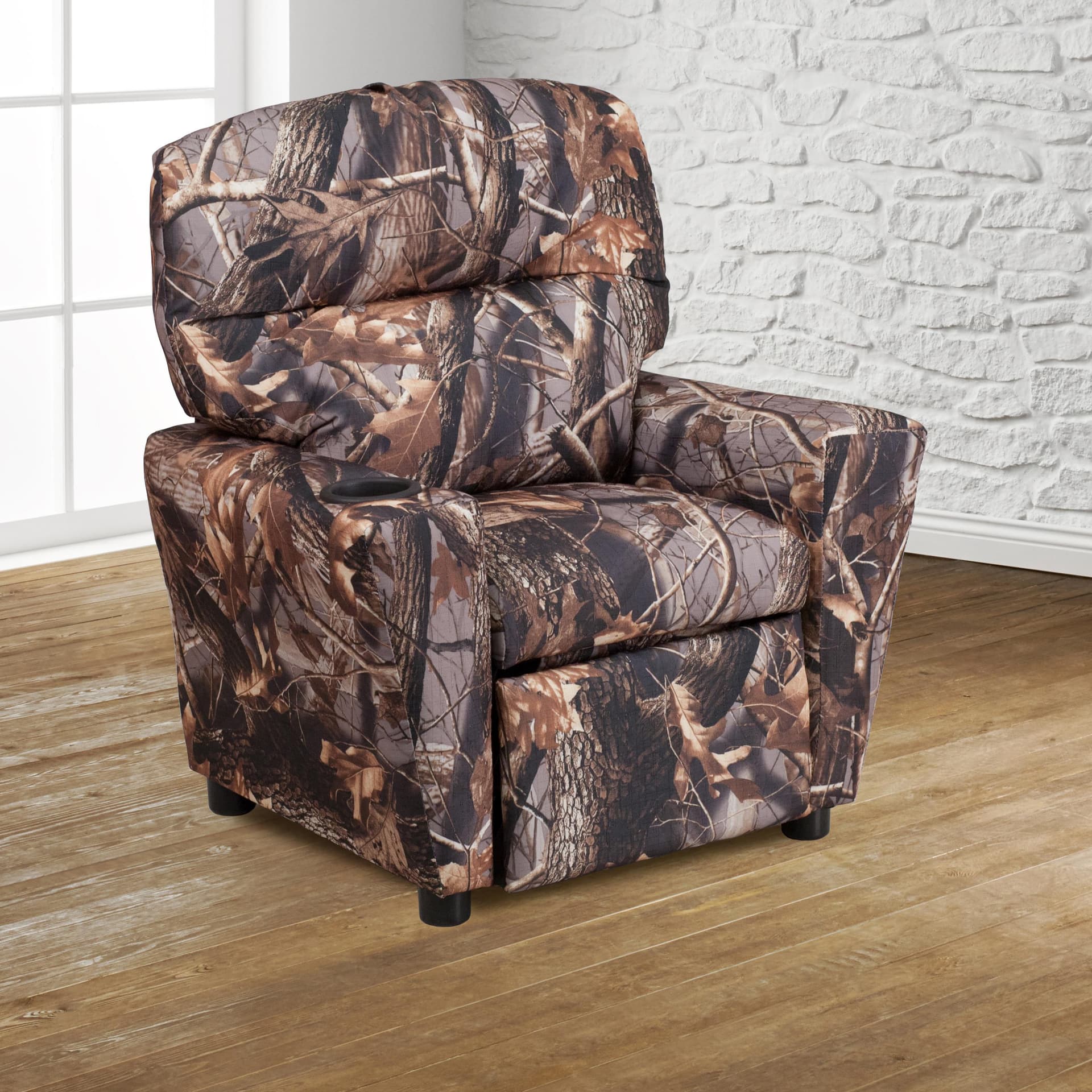 Contemporary Camouflaged Fabric Kids Recliner with Cup Holder - Hardwood Frame