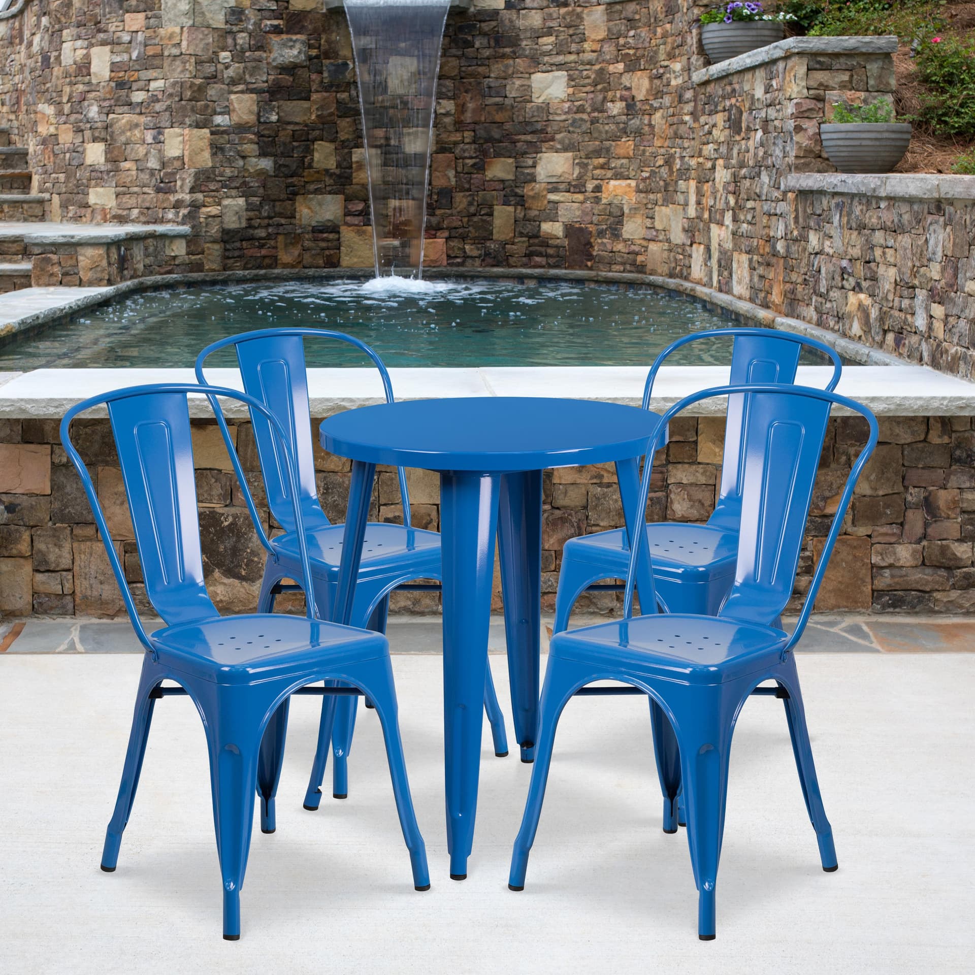 24" Round Blue Metal Indoor-Outdoor Table Set with 4 Cafe Chairs