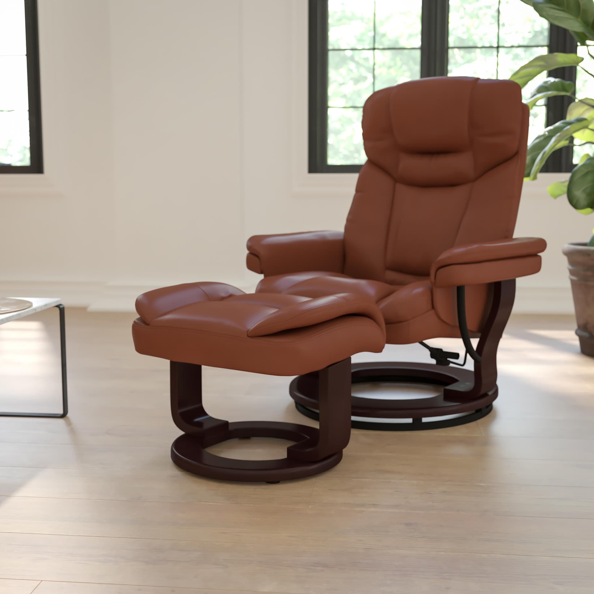 Brown Vintage LeatherSoft Multi-Position Recliner & Curved Ottoman with Mahogany Wood Base