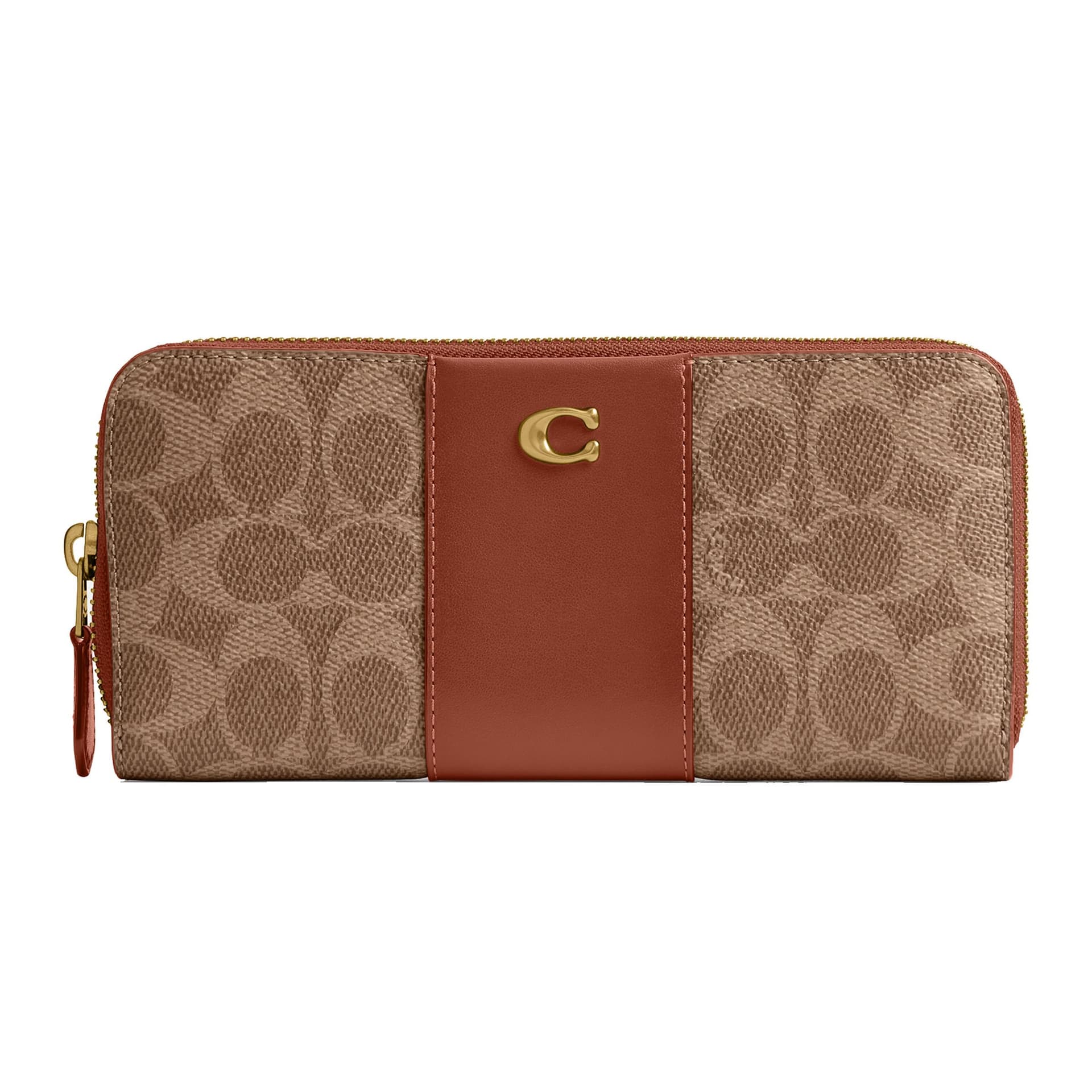 Coated Canvas Signature Essential Slim Accordion Zip Wallet - Tan Caramel/Brass