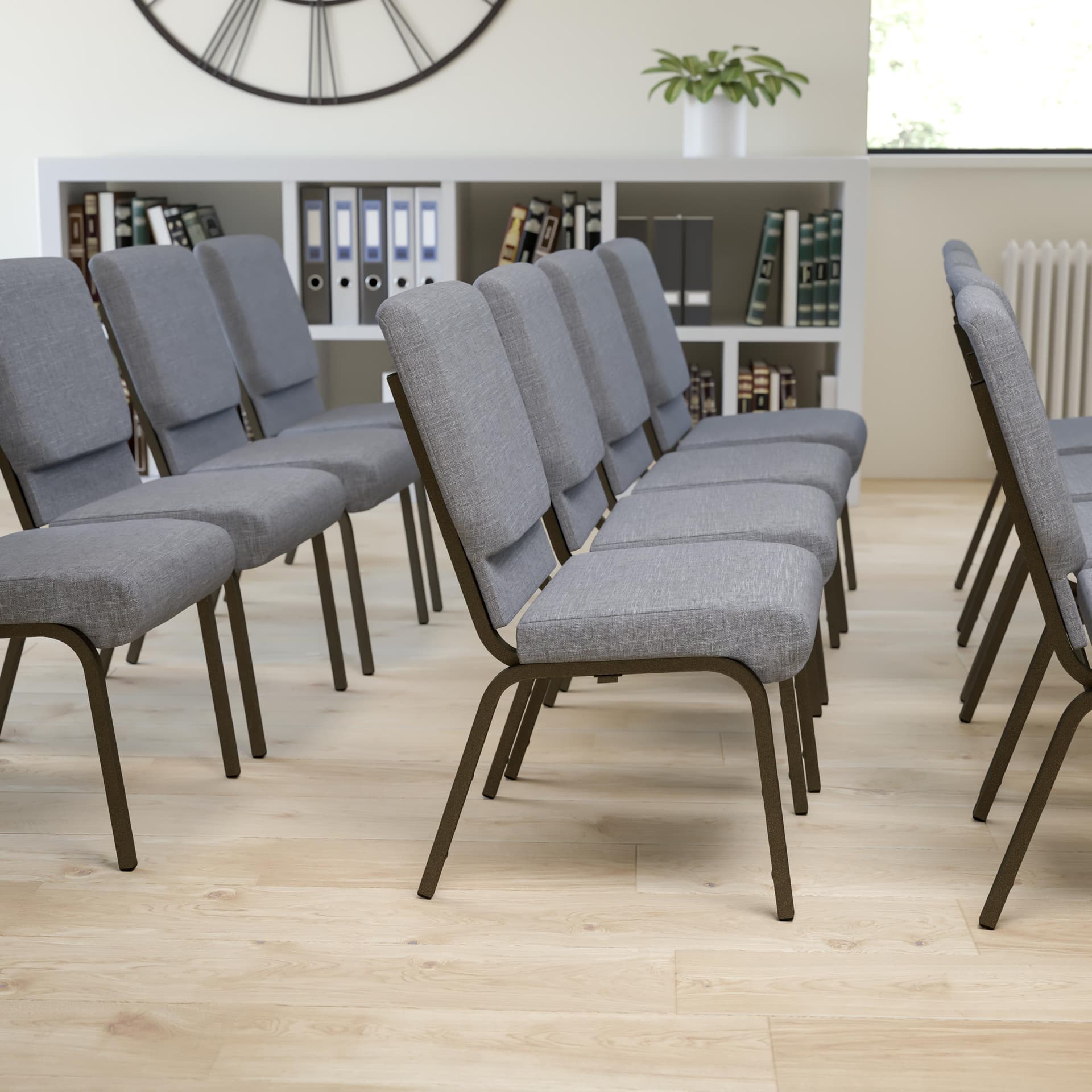 18.5"W Stacking Church Chair in Gray Fabric - Gold Vein Frame