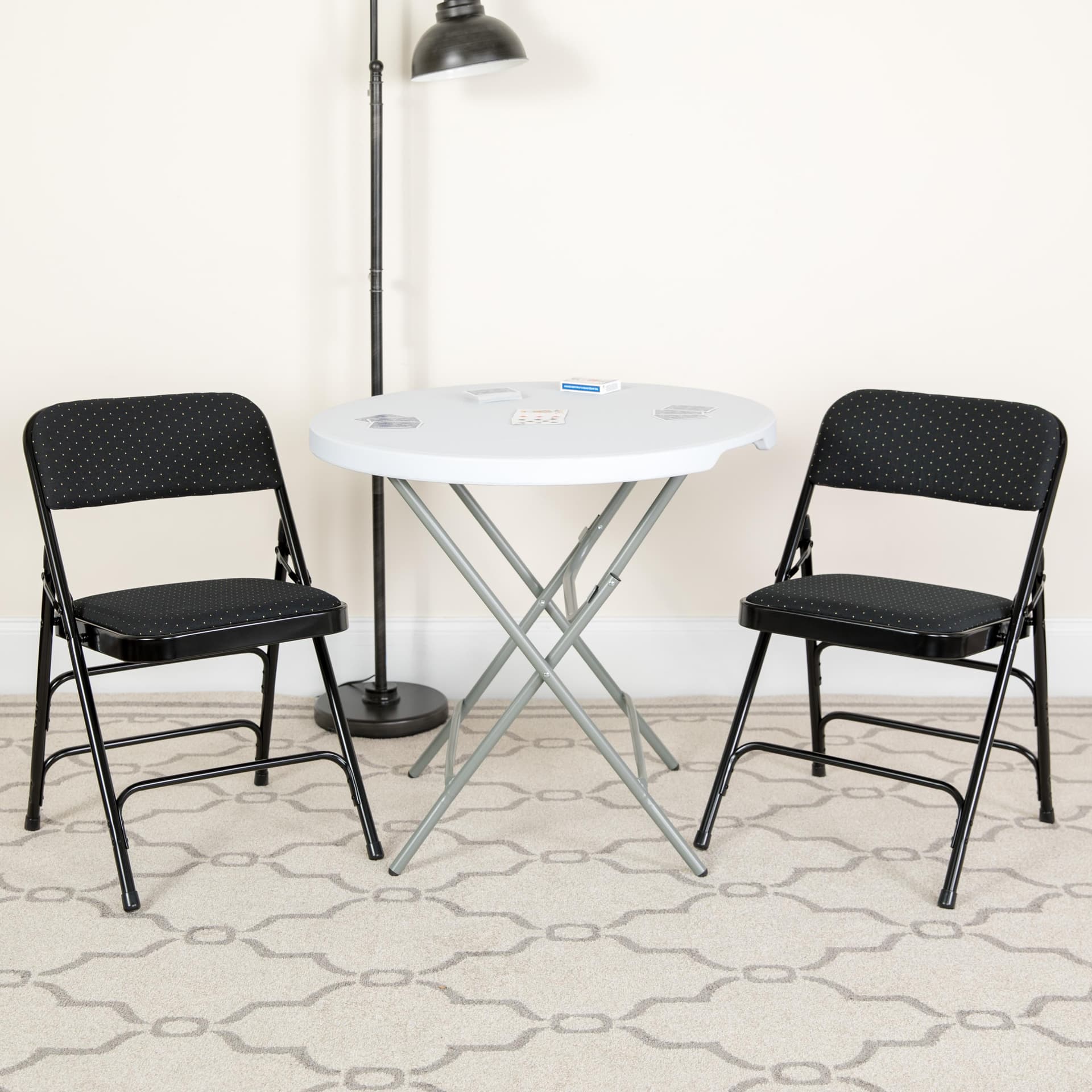 2 Pack Curved Triple Braced Black Patterned Fabric Metal Folding Chair
