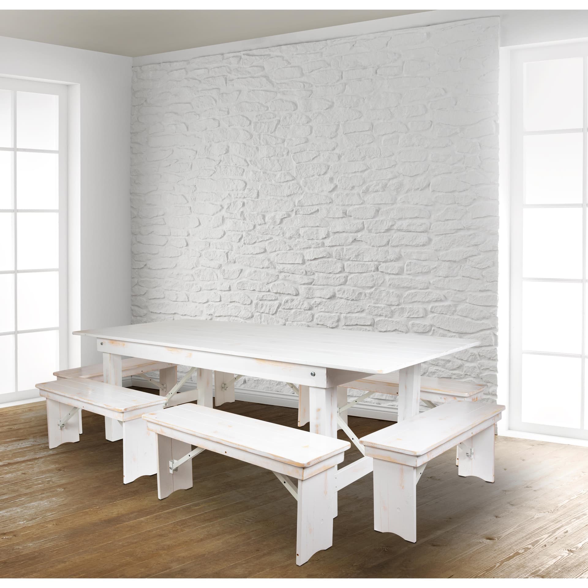 7 Piece Set-8' x 40" Antique Rustic White Folding Farm Table and Six Bench Set