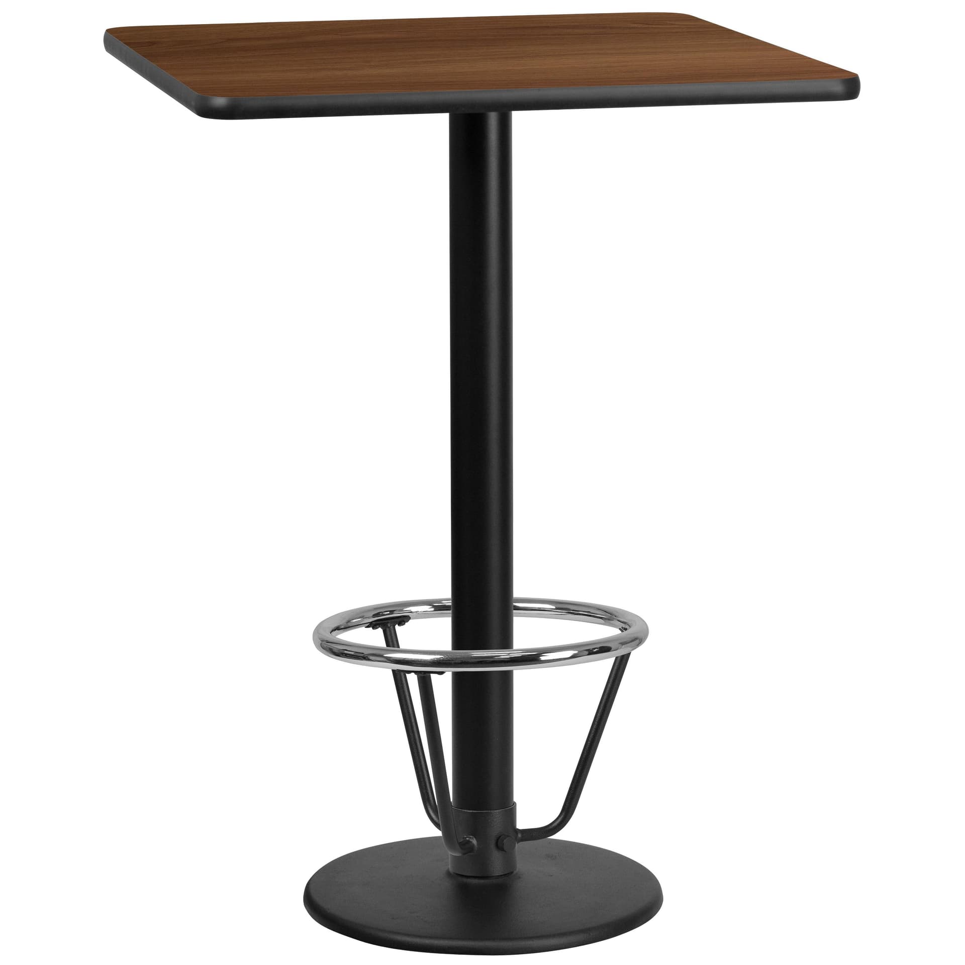 30" Square Walnut Laminate Table Top & 18" Round Bar Height Base with Foot Ring