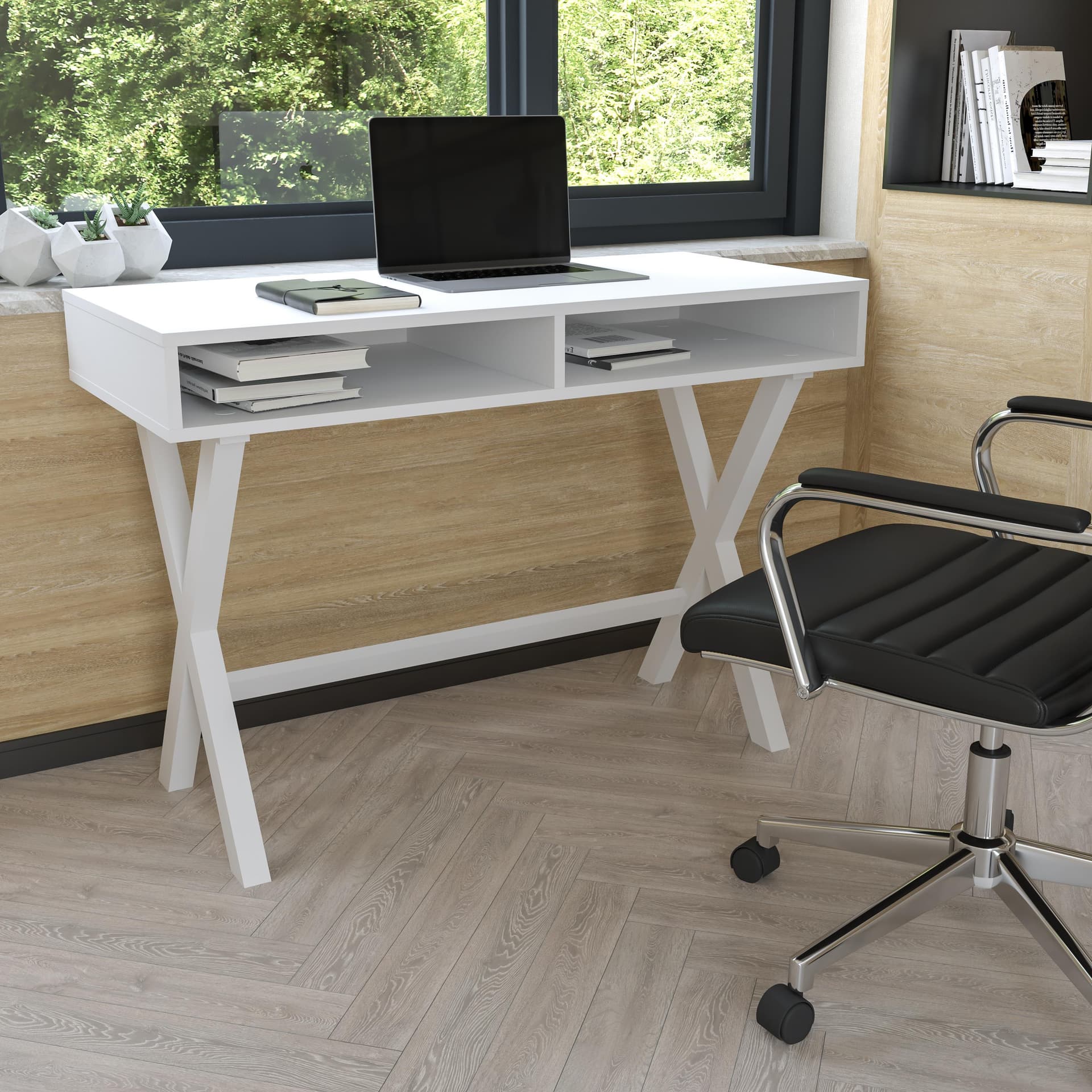 Home Office Writing Computer Desk with Open Storage - Bedroom Desk, White