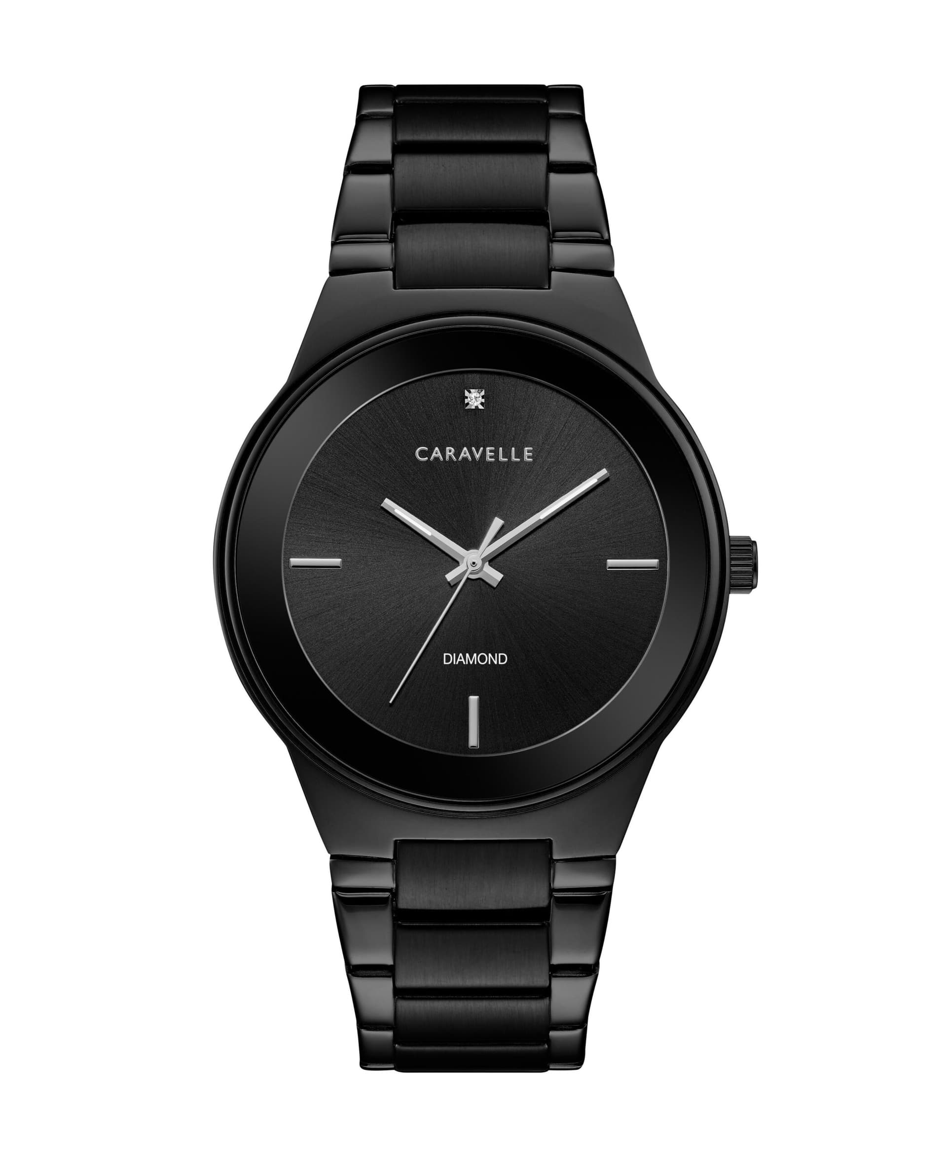 Men's Modern Diamond Bracelet Watch Black Stainless Steel with Black Dial