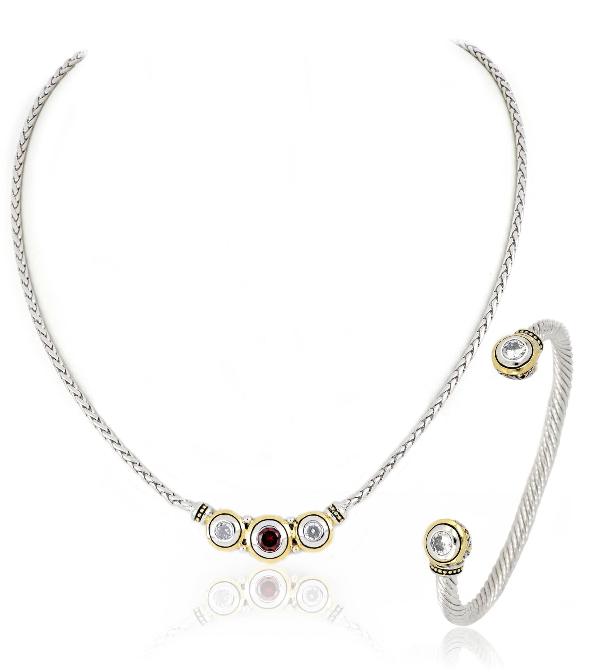 Beijios 3 Stone Necklace & Two Stone Large Cuff Bracelet Set, Black CZ - N5028-ANF3 & B5030-AF00