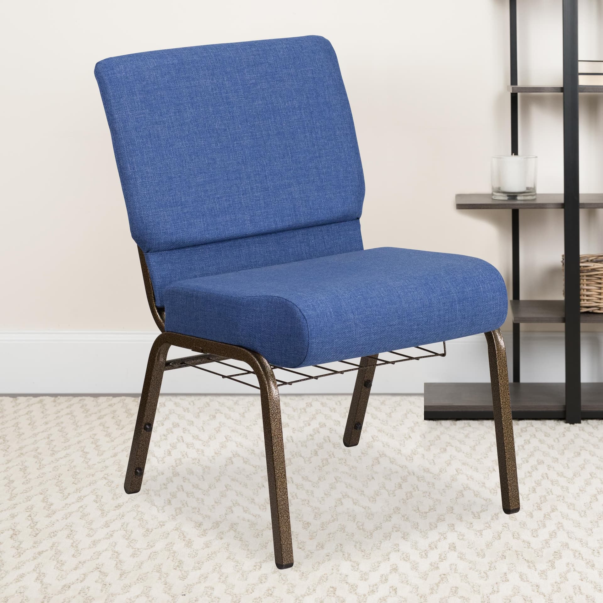 21"W Church Chair in Blue Fabric with Cup Book Rack - Gold Vein Frame