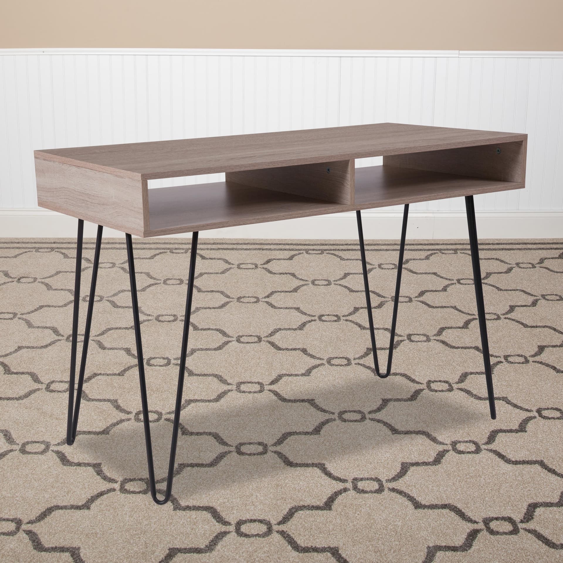 Oak Wood Grain Finish Computer Table with Black Metal Legs and Open Shelving