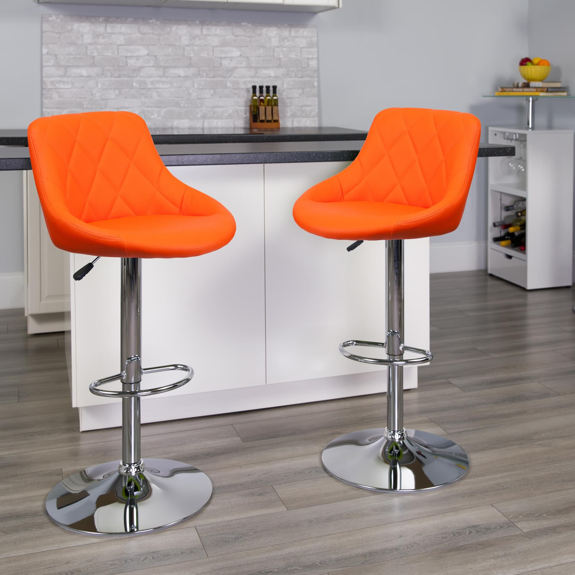 Orange Vinyl Bucket Seat Adjustable Height Barstool with Diamond Pattern Back