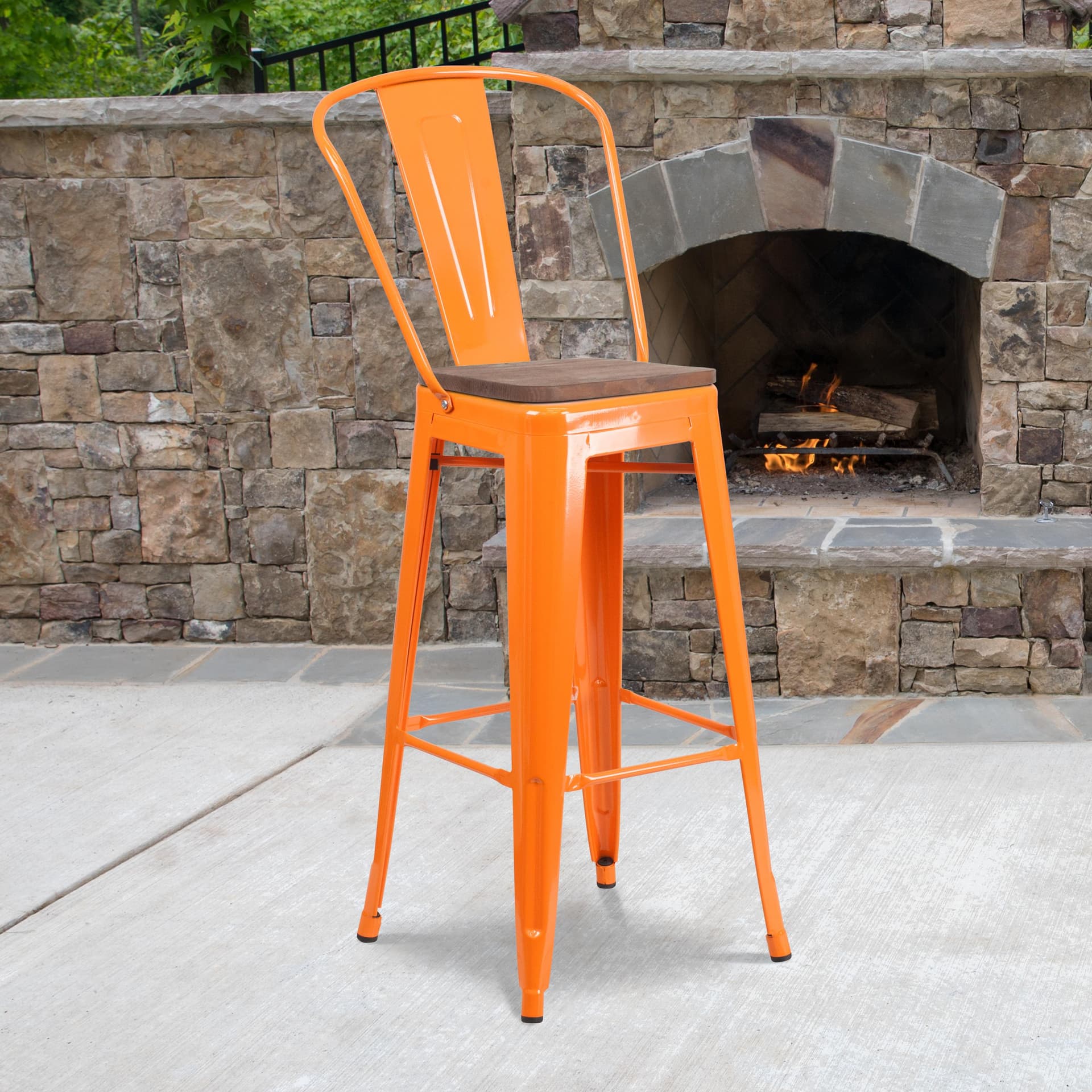 30" High Orange Metal Barstool with Back and Wood Seat - Kitchen Furniture