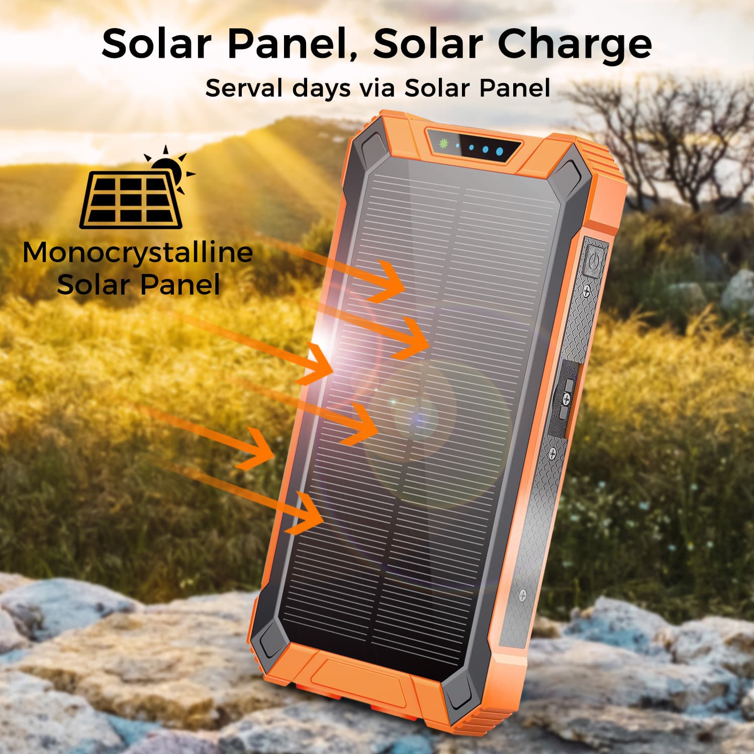 Portable Power Bank w/ Wireless Charging, Built-in 4 Cables, Solar Panel, 20000mAh Battery, IP65 Waterproof, Dustproof, Dual LED Flashlight, Great for iPhone, Samsung, Smart Phones
