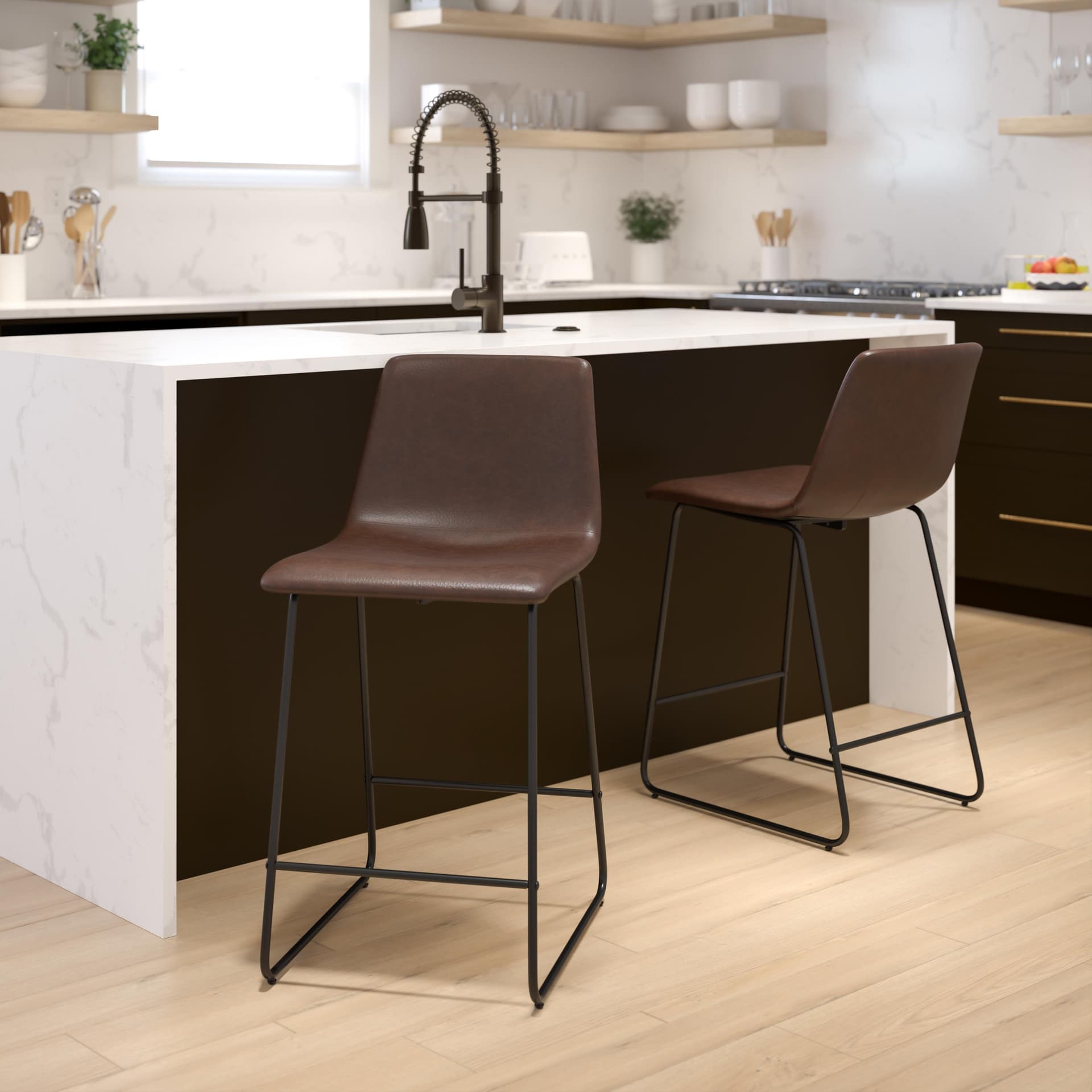Set of 2 Kitchen Counter Height Stool - 24 Inch Dark Brown LeatherSoft Barstool