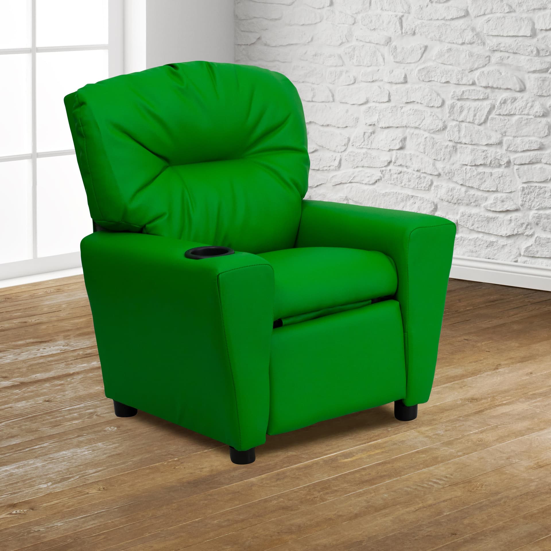 Contemporary Green Vinyl Kids Recliner with Cup Holder - Hardwood Frame