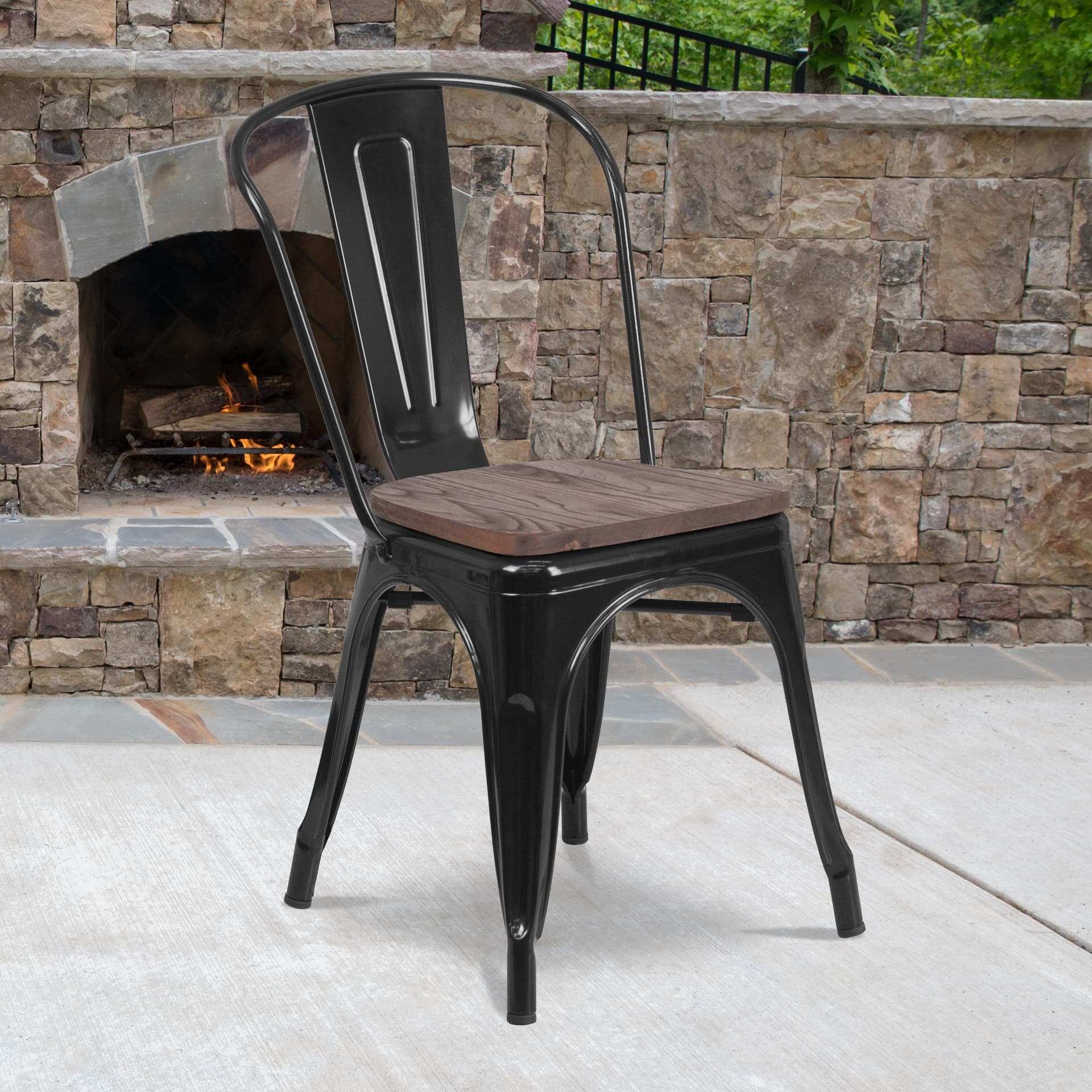 Black Metal Stackable Chair with Wood Seat - Restaurant Chair - Bistro Chair