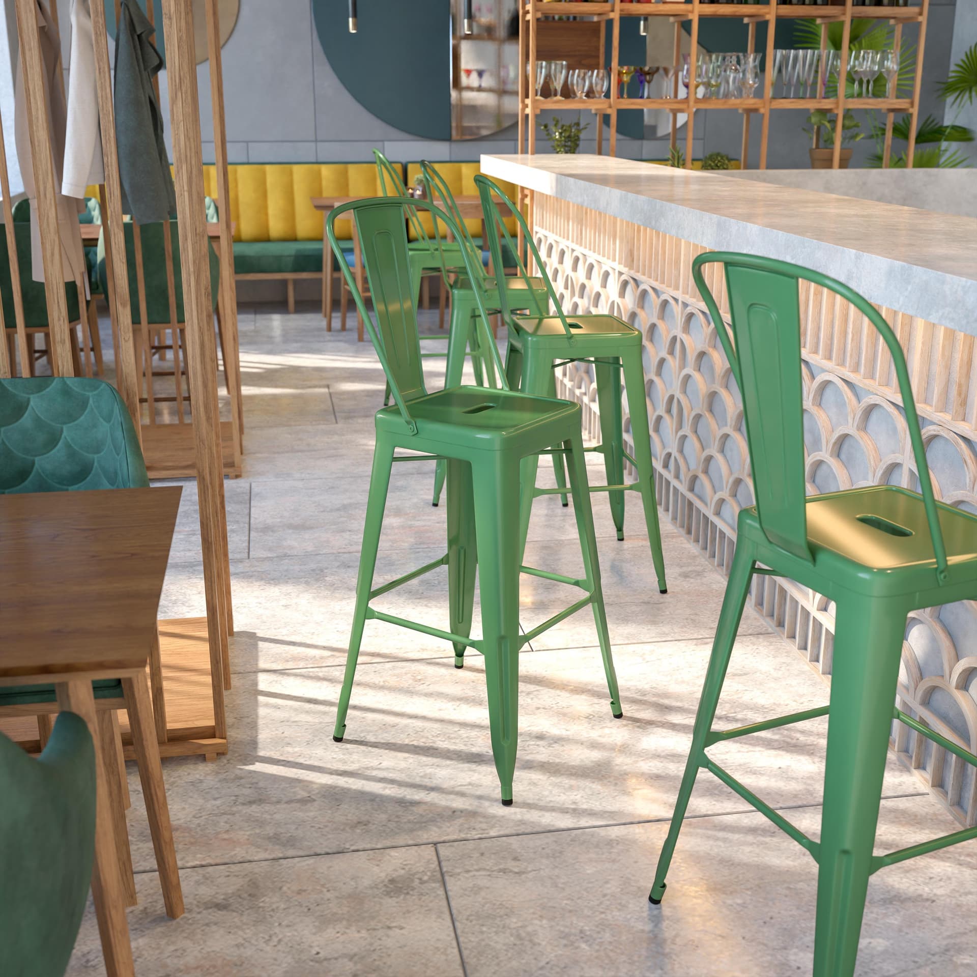 30" High Green Metal Indoor-Outdoor Barstool with Back