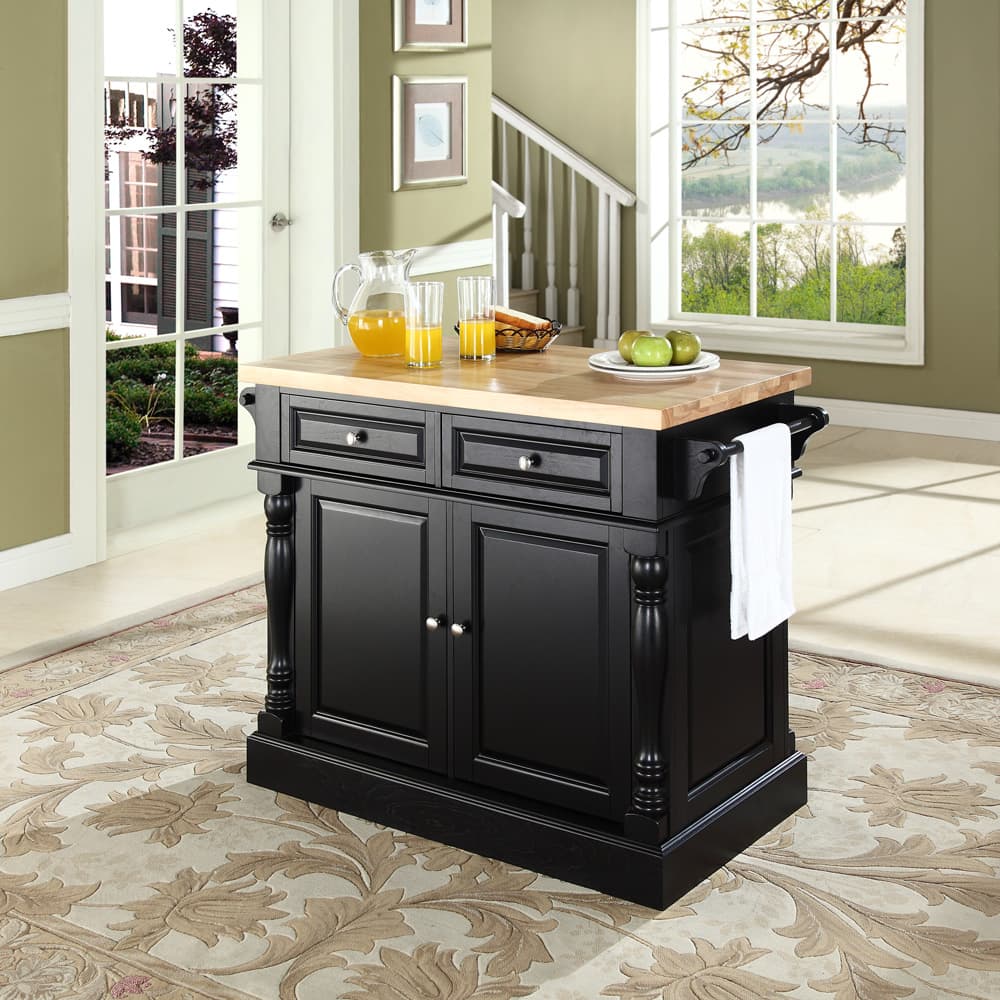 Butcher Block Top Kitchen Island in Black Finish