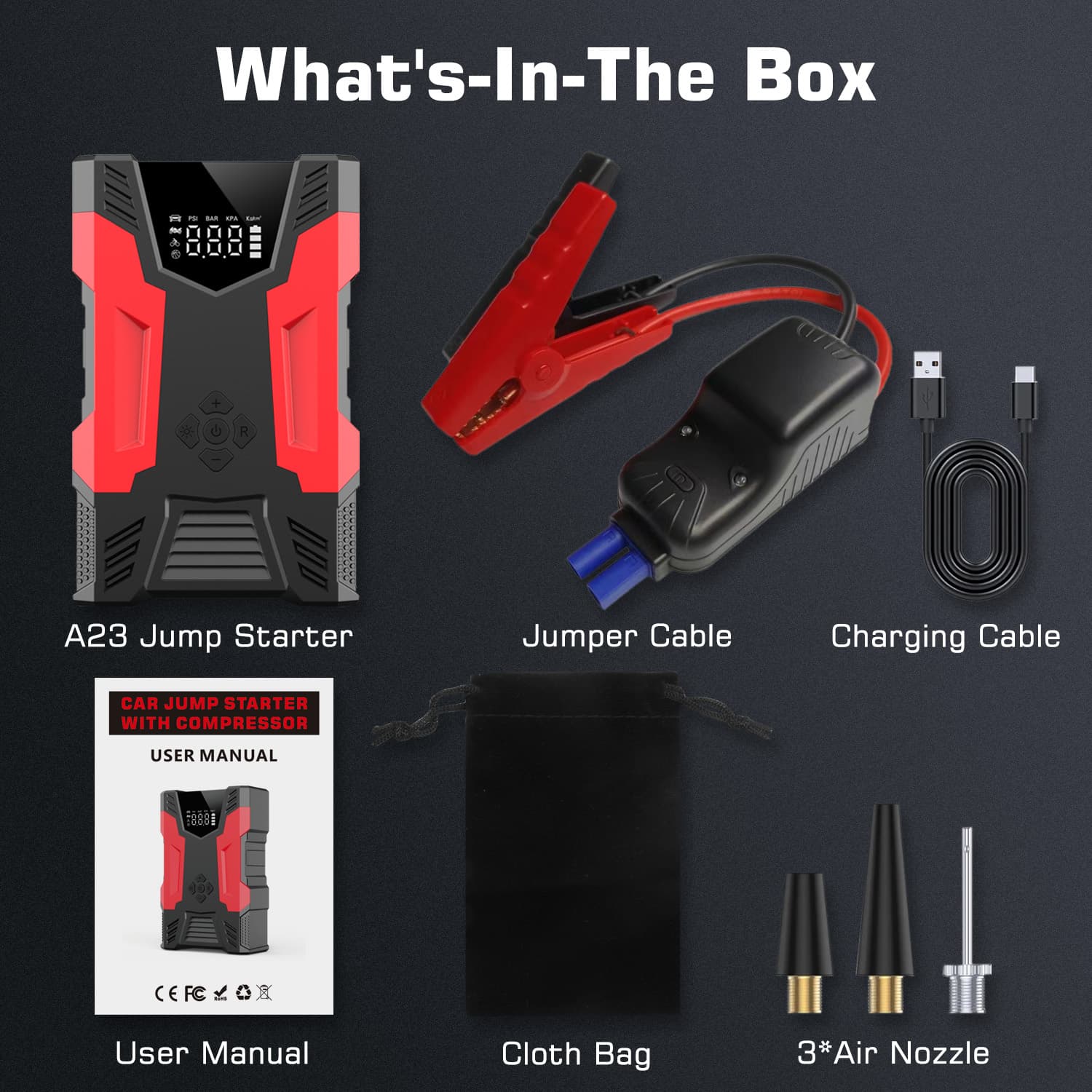 Car Jump Starter with Air Compressor and Hose, Up to 7.0L Gas/5.0L Diesel Vehicles, LED Flashlight, Power Bank, 10,000 mAh Capacity