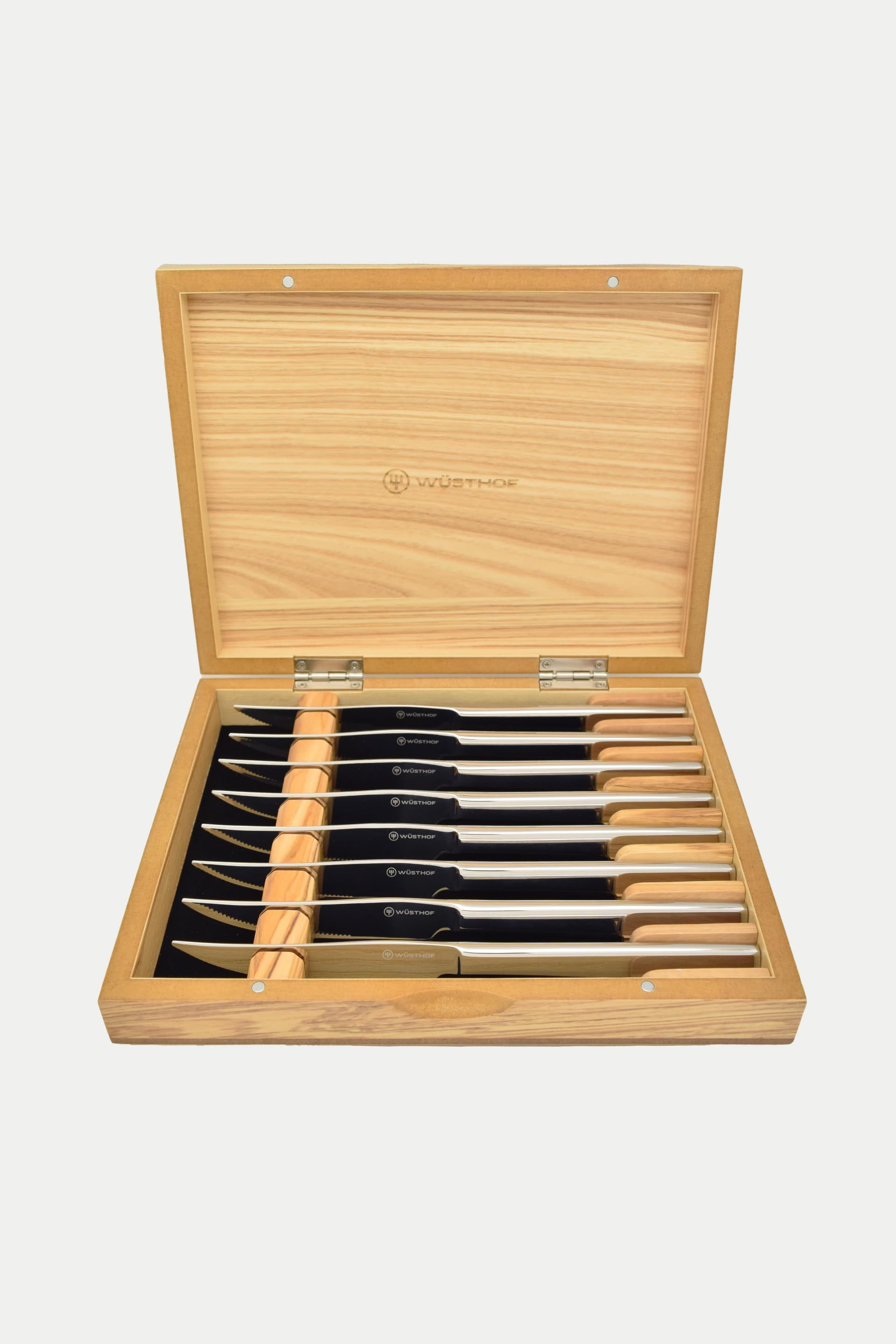Stainless Eight Piece Steak Knife Set In Olivewood Chest