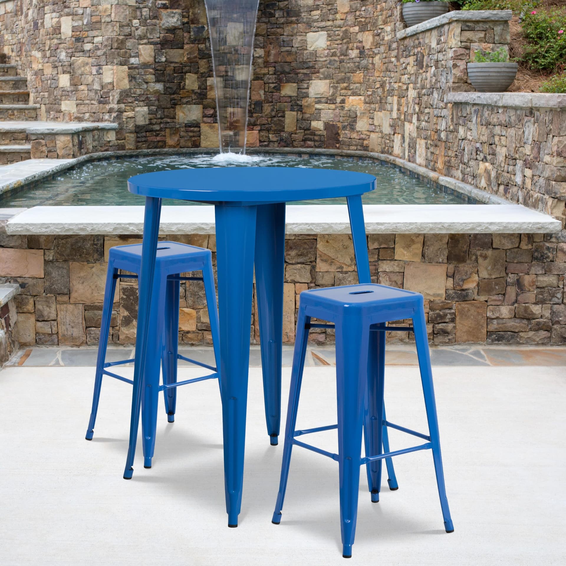 30" Round Blue Metal Indoor-Outdoor Bar Table Set with 2 Backless Stools