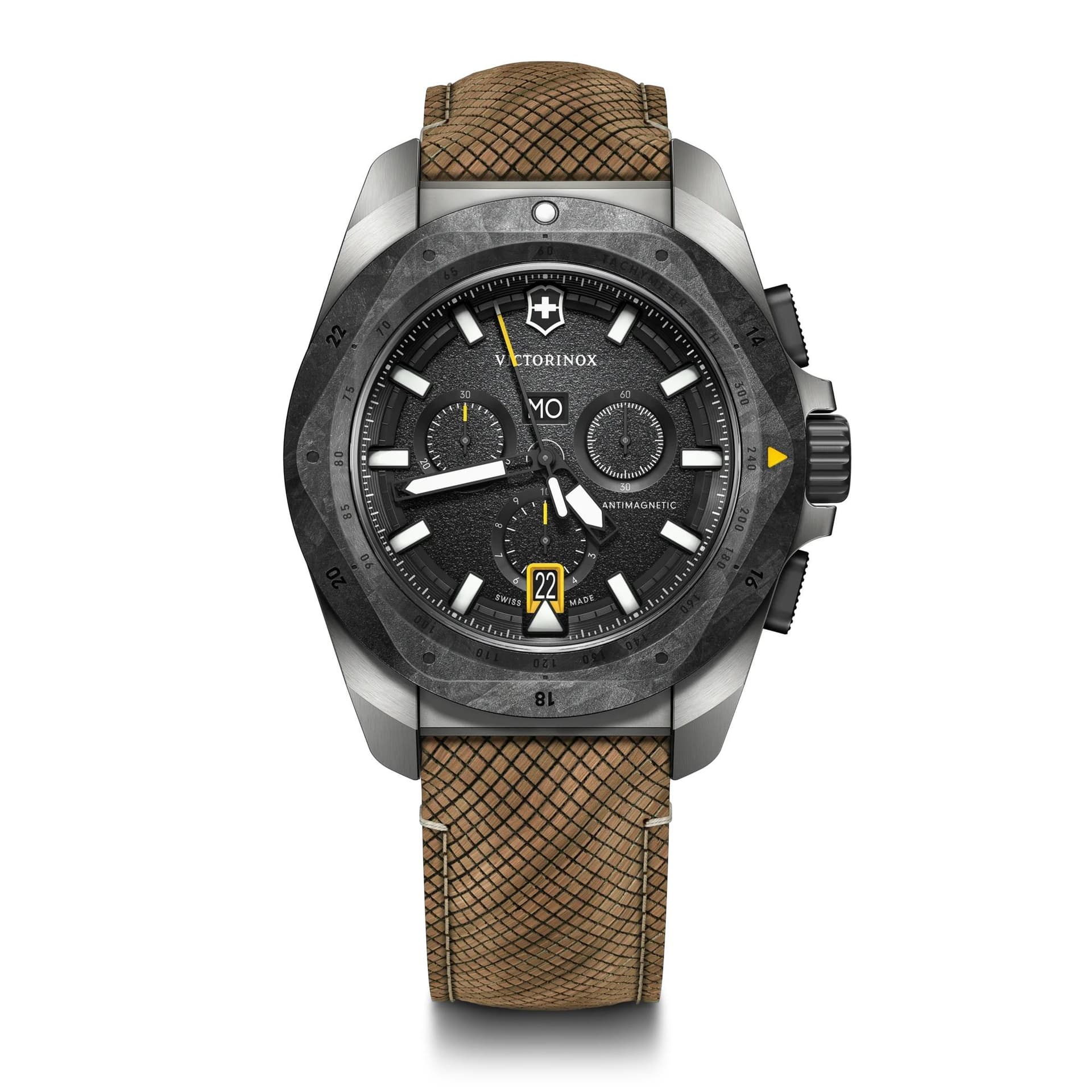 I.N.O.X. Chrono 43mm, silver titanium case, black carbon bezel, black dial, brown structured strap