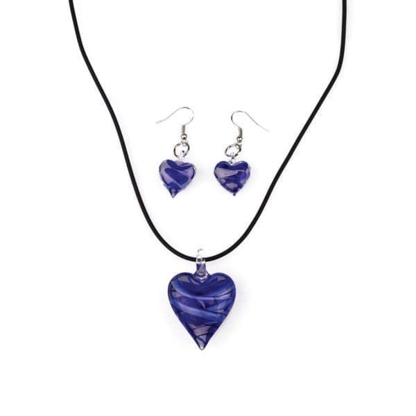 Blue and White Swirl Heart Necklace and Earrings Set