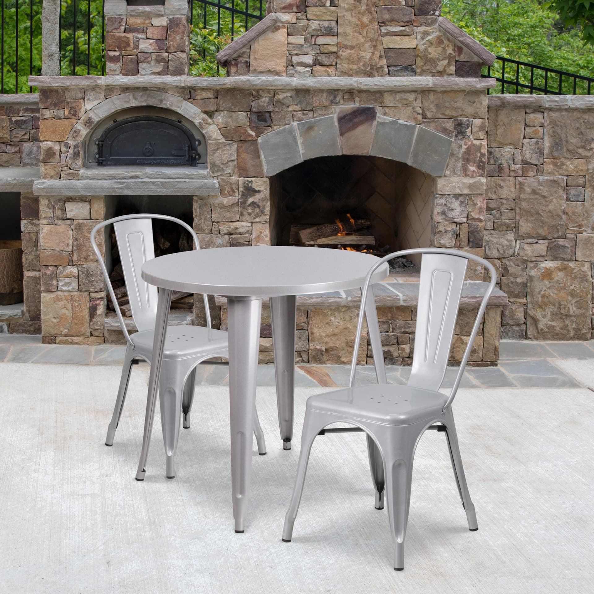 30" Round Silver Metal Indoor-Outdoor Table Set with 2 Cafe Chairs