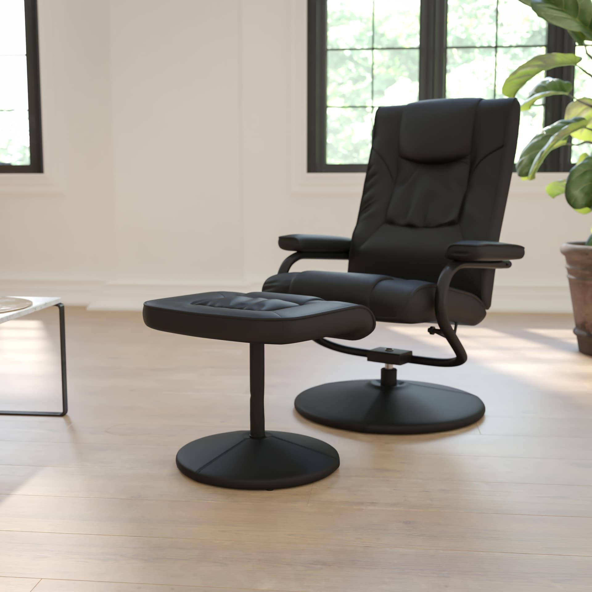 Black LeatherSoft Multi-Position Recliner and Ottoman with Wrapped Base