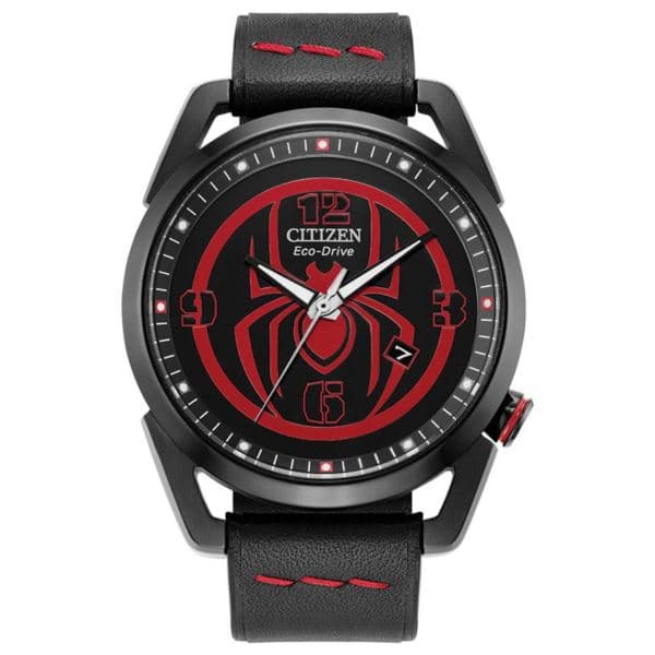 Men's Miles Morales Eco-Drive Black Leather Strap Black Dial