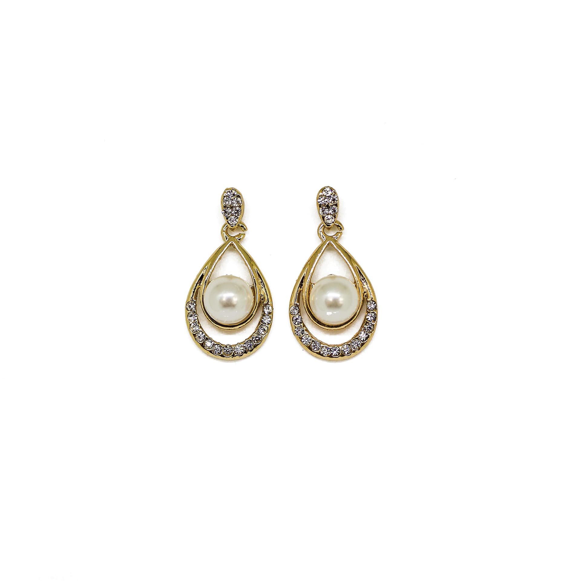 Gold Tone Pearl and Crystal Teardrop Earrings